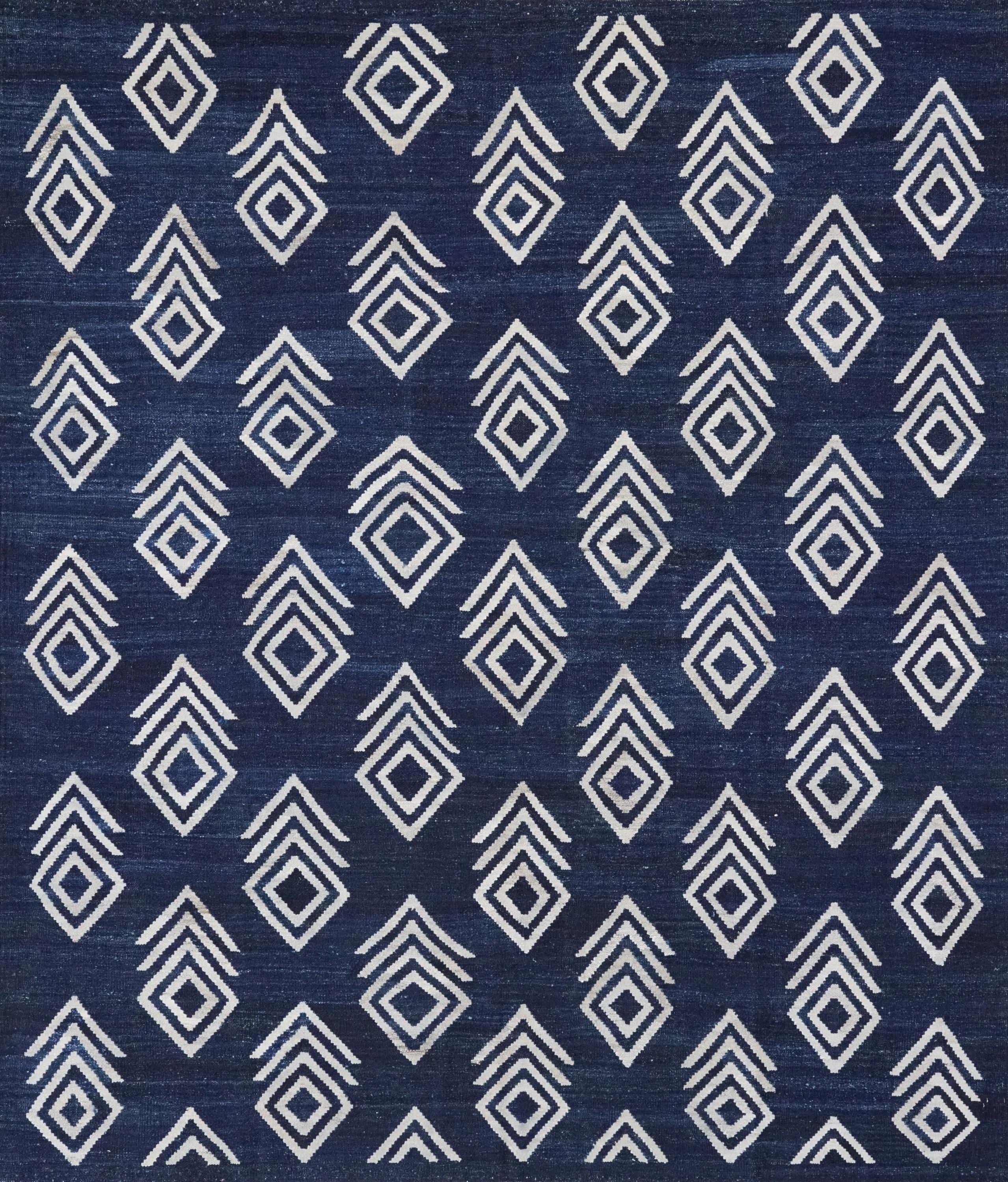 8x10 Ft Dark Blue Kilim Rug - Flat Weave Area Rug - Abstract Design