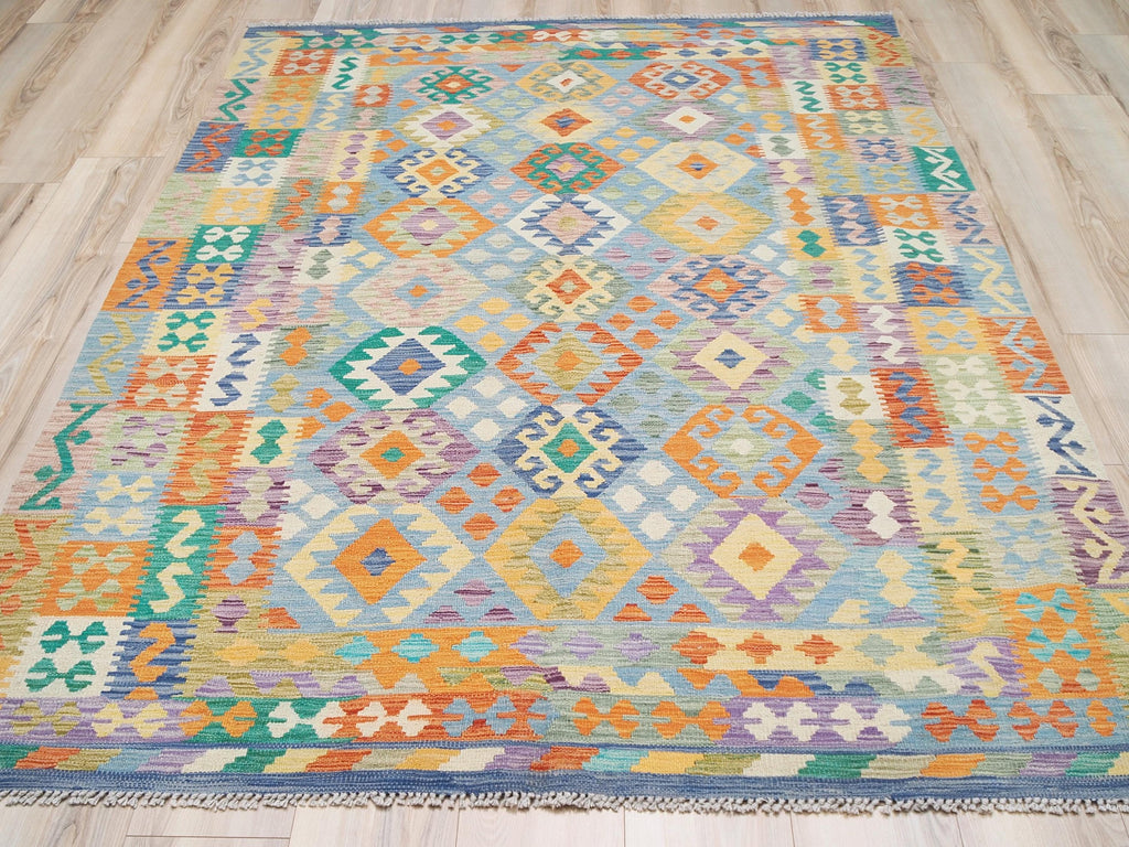 6x8 Ft Green Scandinavian Kilim Rug - Tribal Area Rug