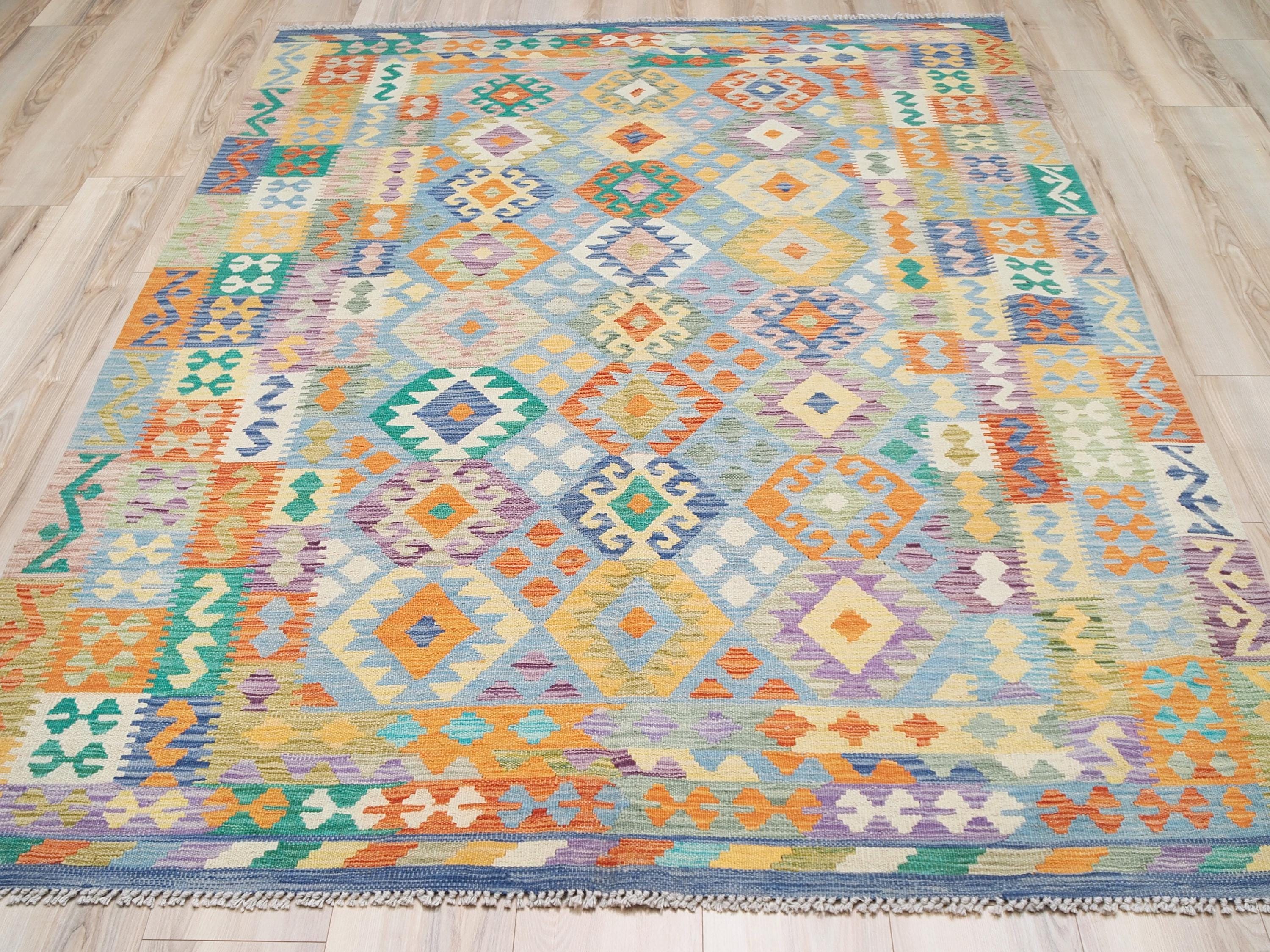 6x8 Ft Green Scandinavian Kilim Rug - Tribal Area Rug