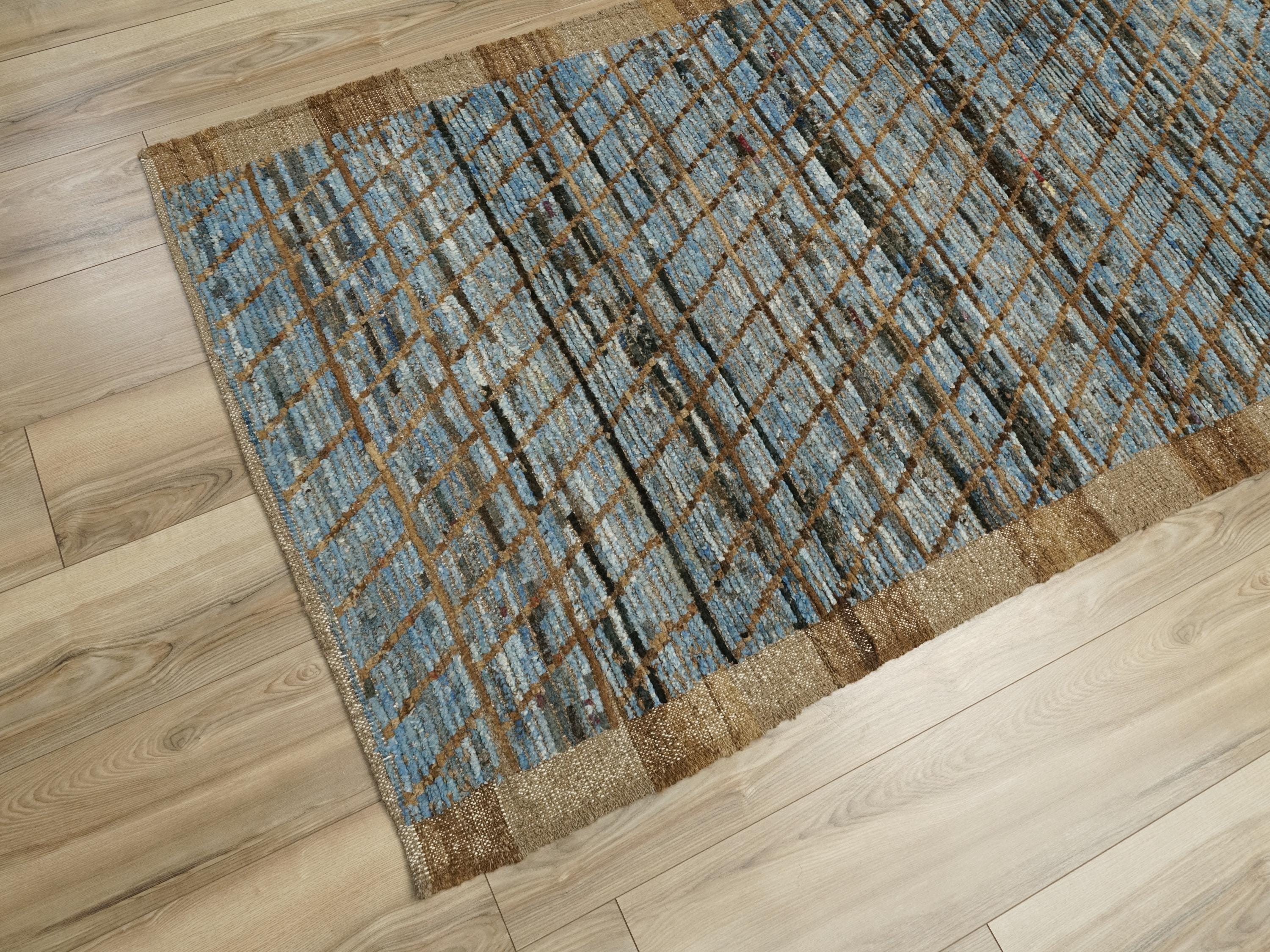 10 Ft Brown & Blue Moroccan Wool Runner Rug: Afghan Handmade Rug