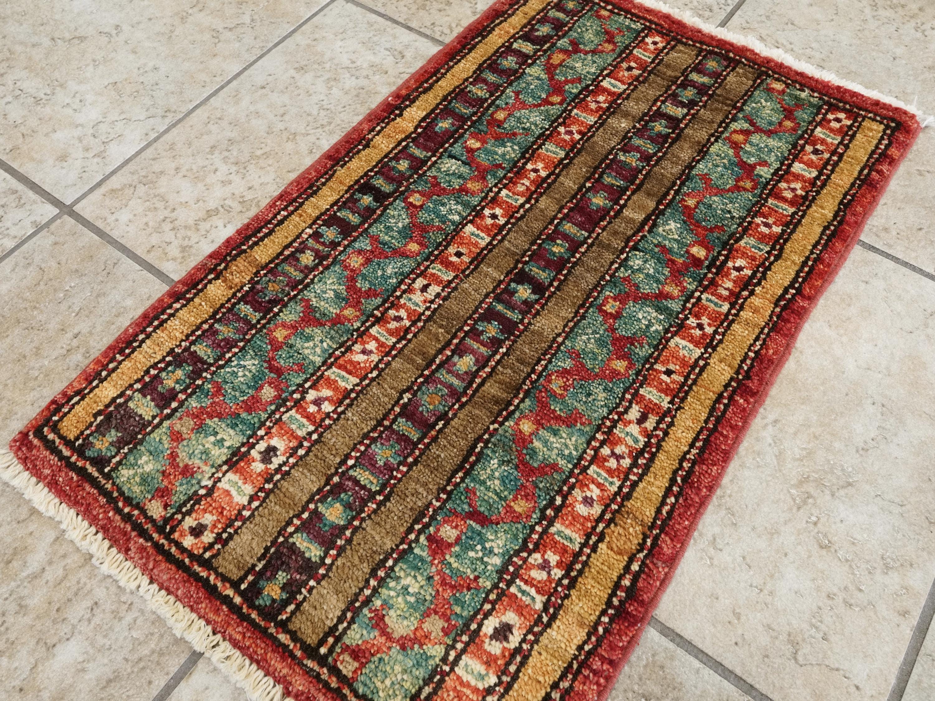 1x2 Ft Hand Knotted Heriz Rug - Red & Green Afghan Wool