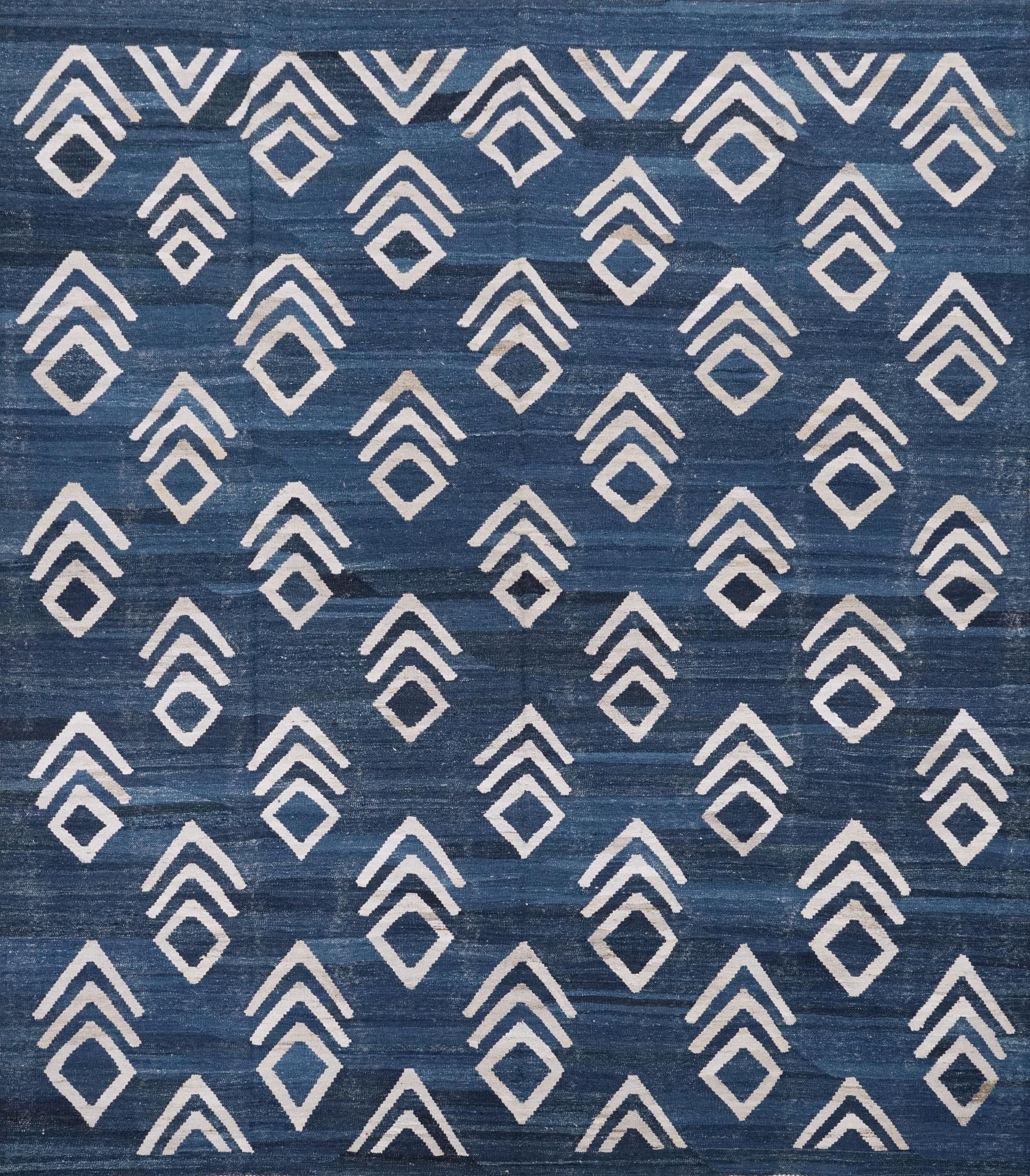 8x10 Ft Blue Kilim Rug - Handmade Afghan Flat Weave
