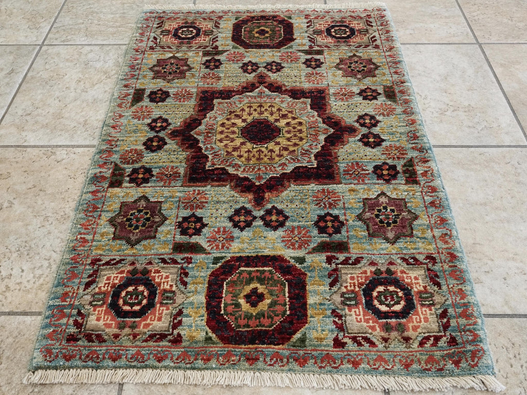 2x3 Ft Light Blue Mamluk Rug - Hand Knotted Ghazni Wool Accent Rug