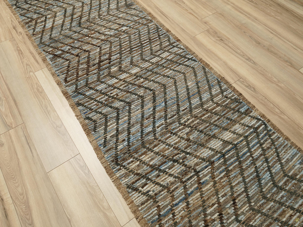 10 Ft Handmade Moroccan Runner Rug - Blue & Brown Afghan Rug