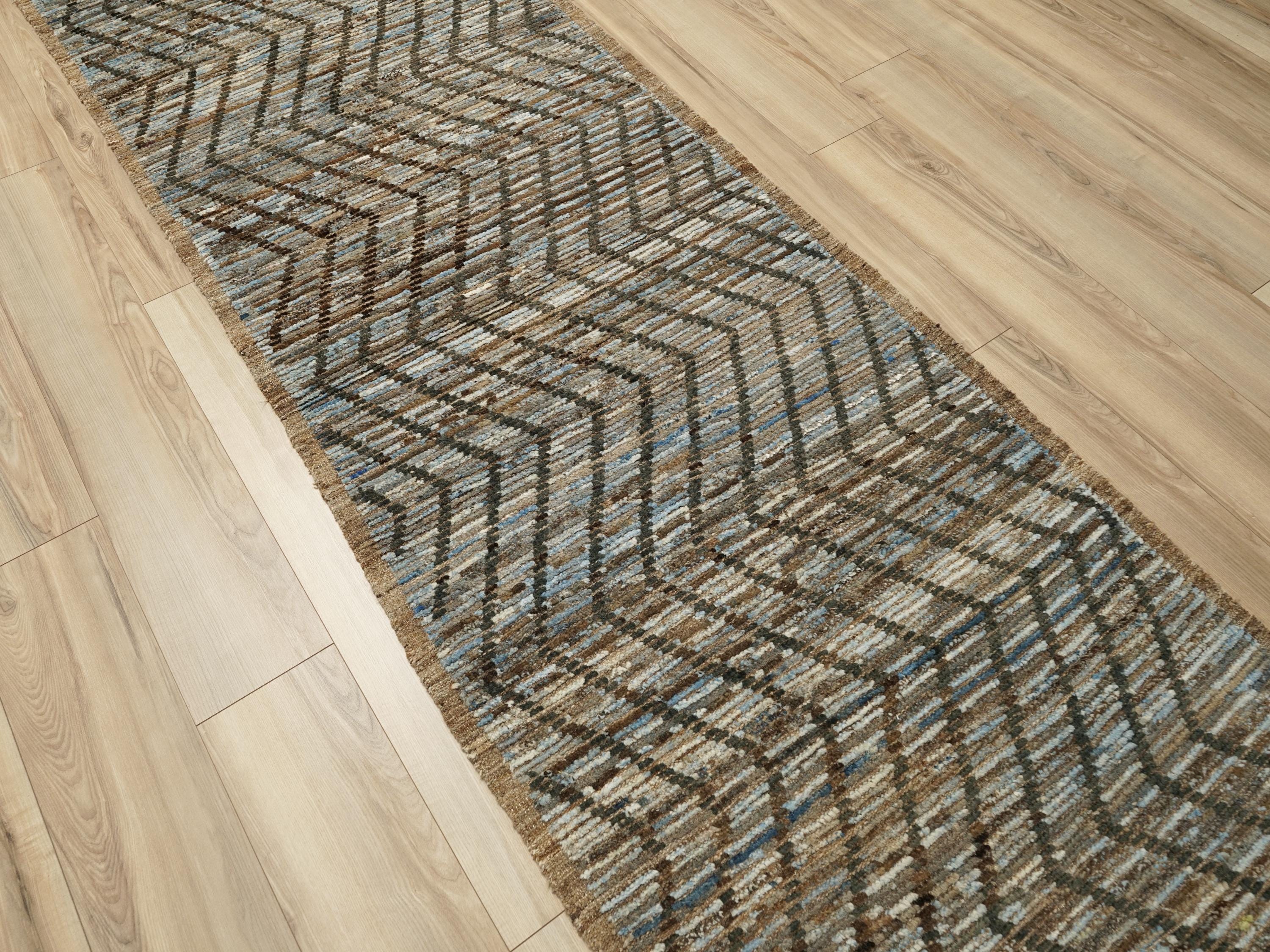 10 Ft Handmade Moroccan Runner Rug - Blue & Brown Afghan Rug