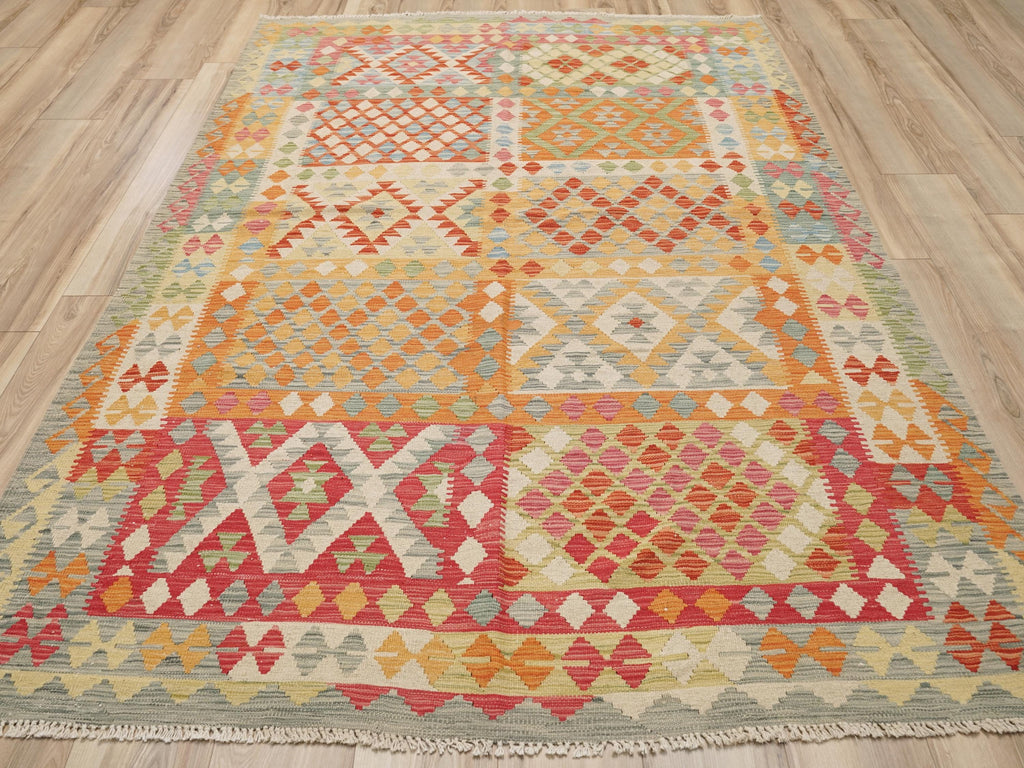 6x8 Ft Orange Tribal Kilim Rug - Flat Weave Afghan Rug