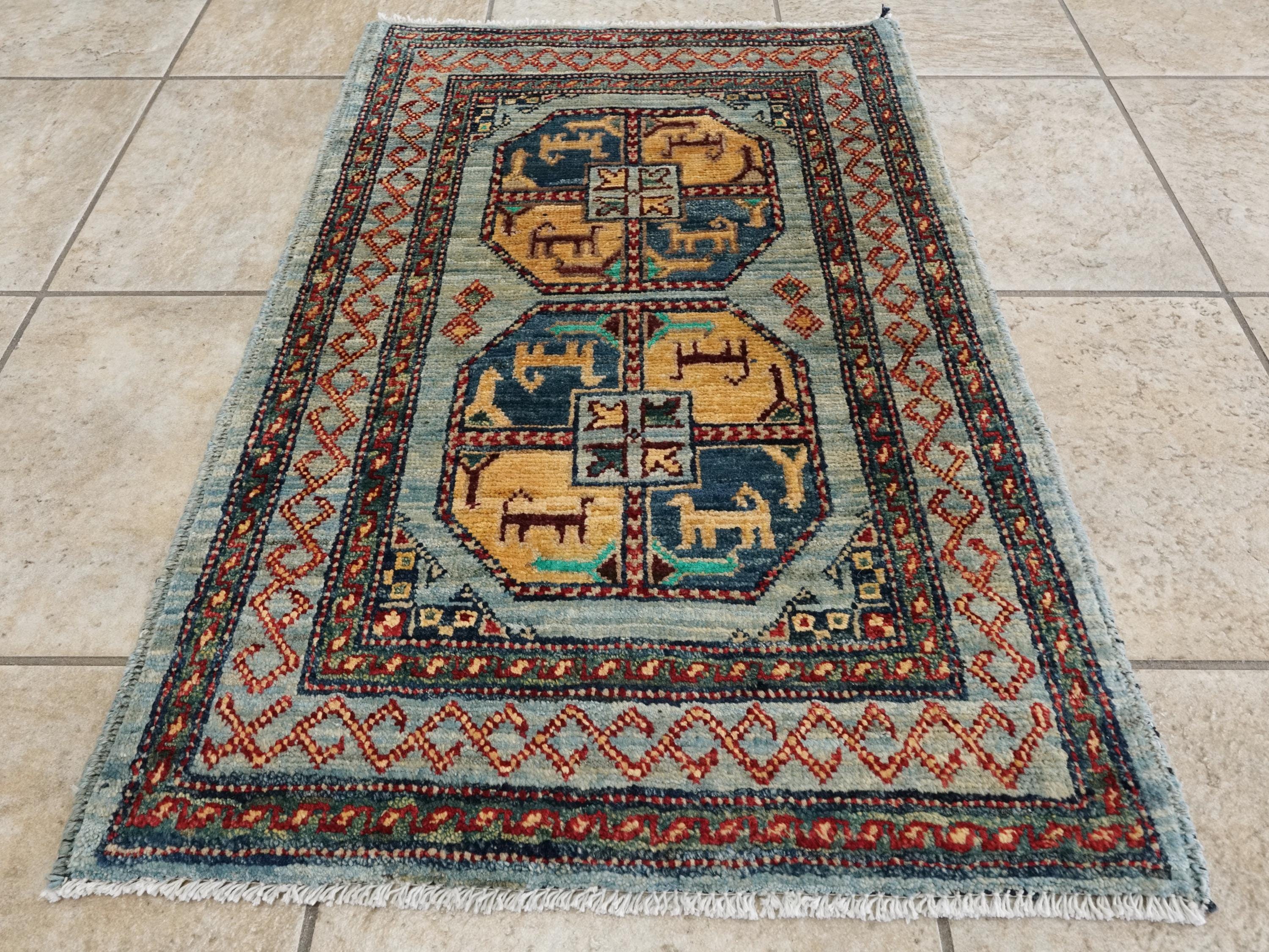 2x3 Ft Handmade Afghan Ersari Rug - Grey Wool Tribal Accent Rug