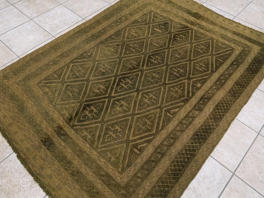 5x6 Ft Dark Green Tribal Kilim Rug - Hand-Knotted Wool - Vintage Afghan Rug