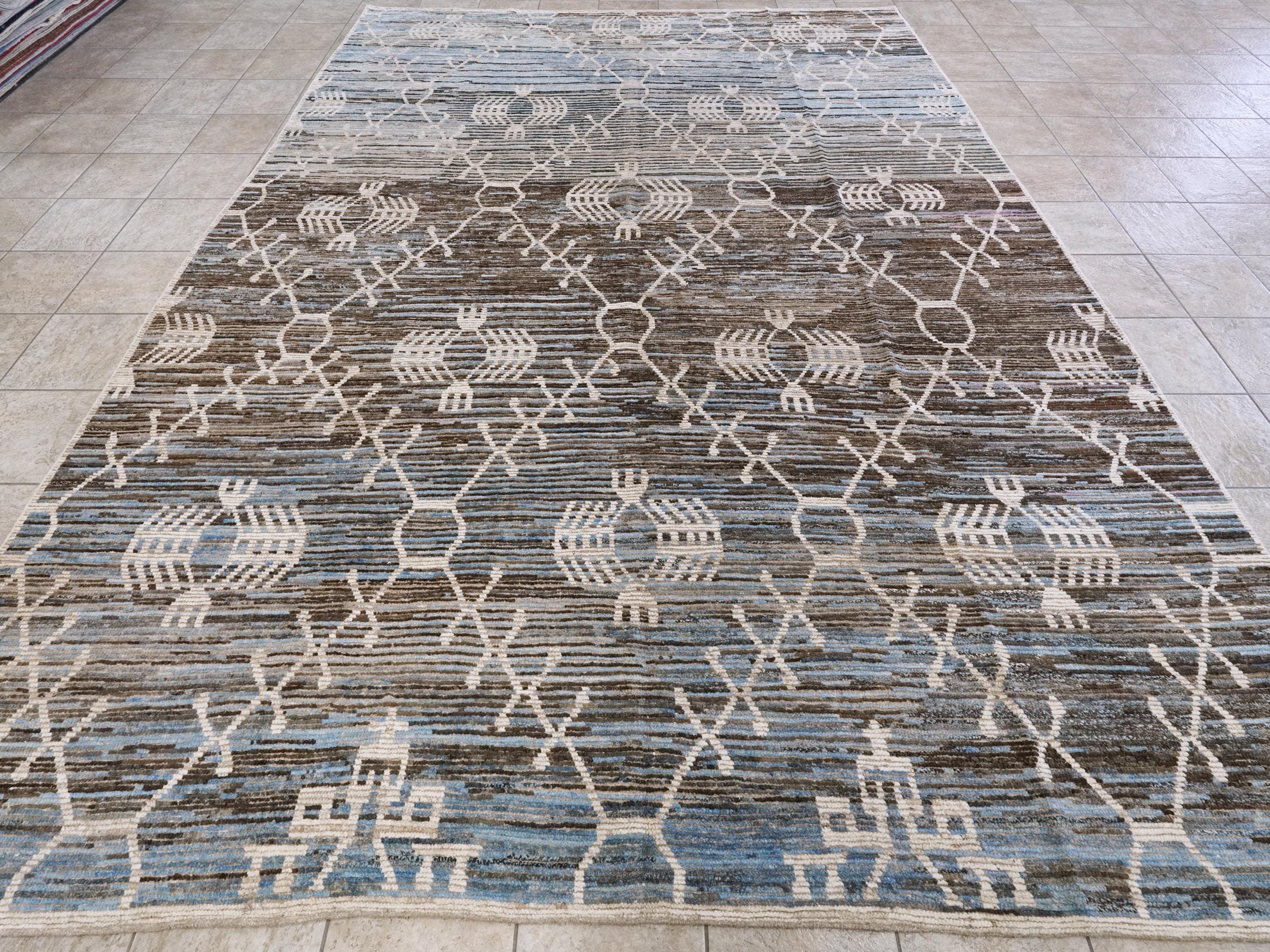 10x14 Ft Blue & Brown Moroccan Rug - Afghan Handmade Wool Rug
