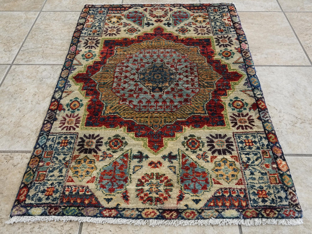 2x3 Ft Hand Knotted Wool Mamluk Rug - Beige Oriental Accent Rug