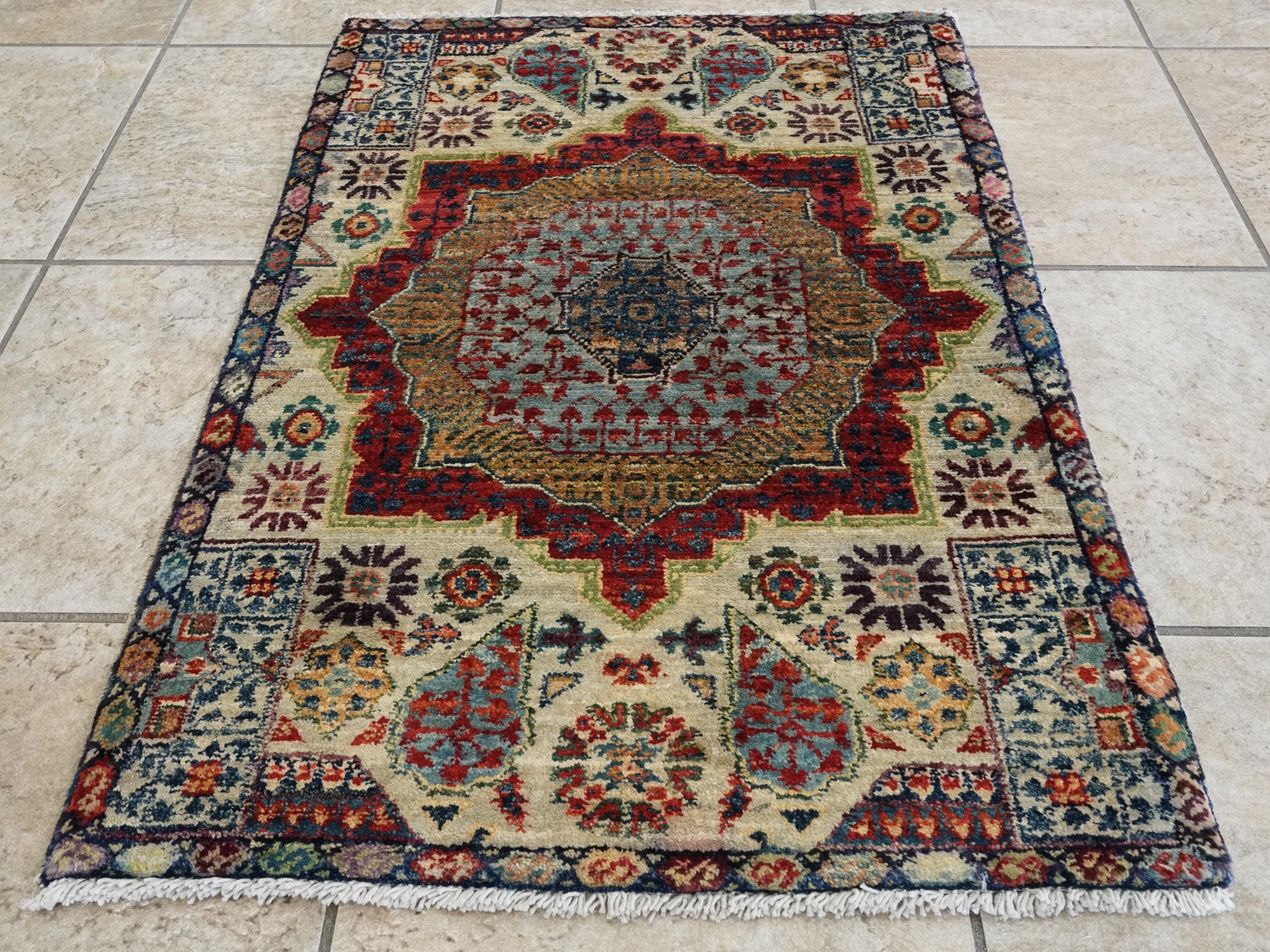 2x3 Ft Hand Knotted Wool Mamluk Rug - Beige Oriental Accent Rug