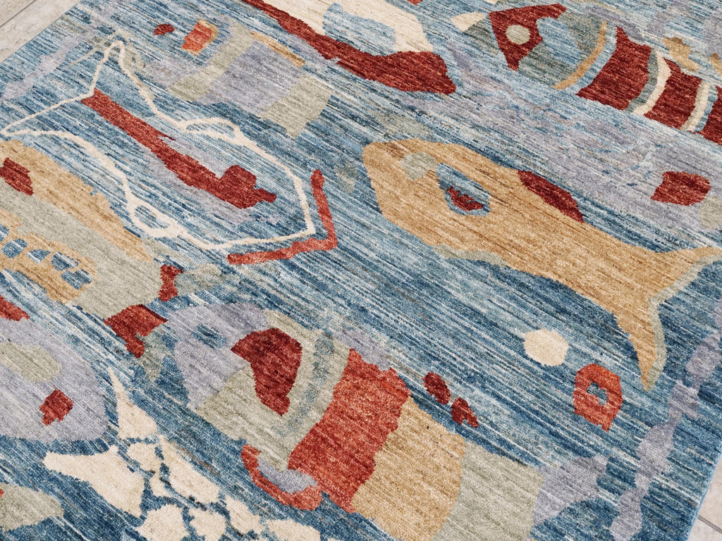6x9 Ft Blue Fish Rug - Handmade Afghan Wool Rug