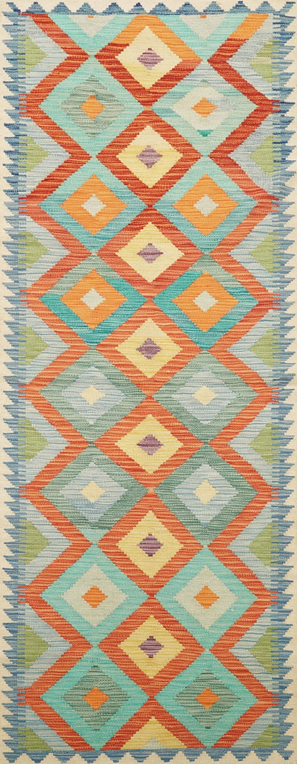 9 Ft Kilim Runner Rug - Green & Orange Traditional Afghan Rug
