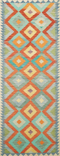 9 Ft Kilim Runner Rug - Green & Orange Traditional Afghan Rug