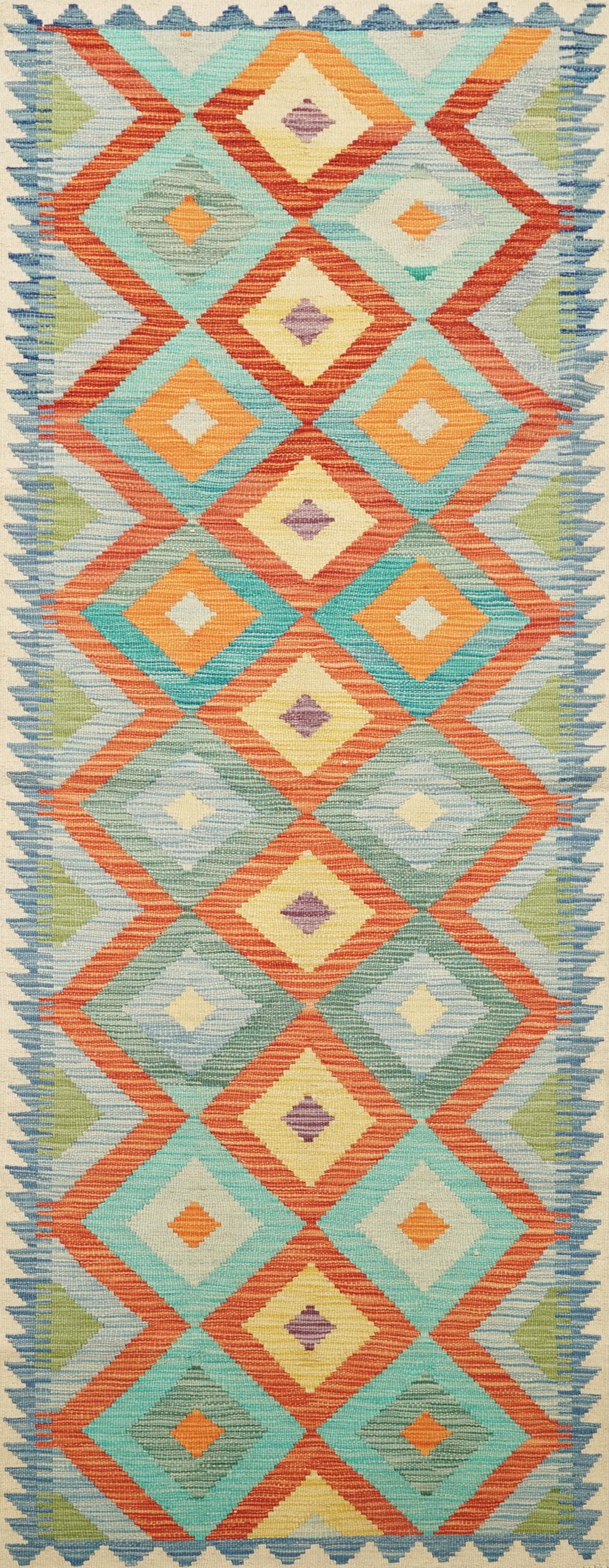 9 Ft Kilim Runner Rug - Green & Orange Traditional Afghan Rug