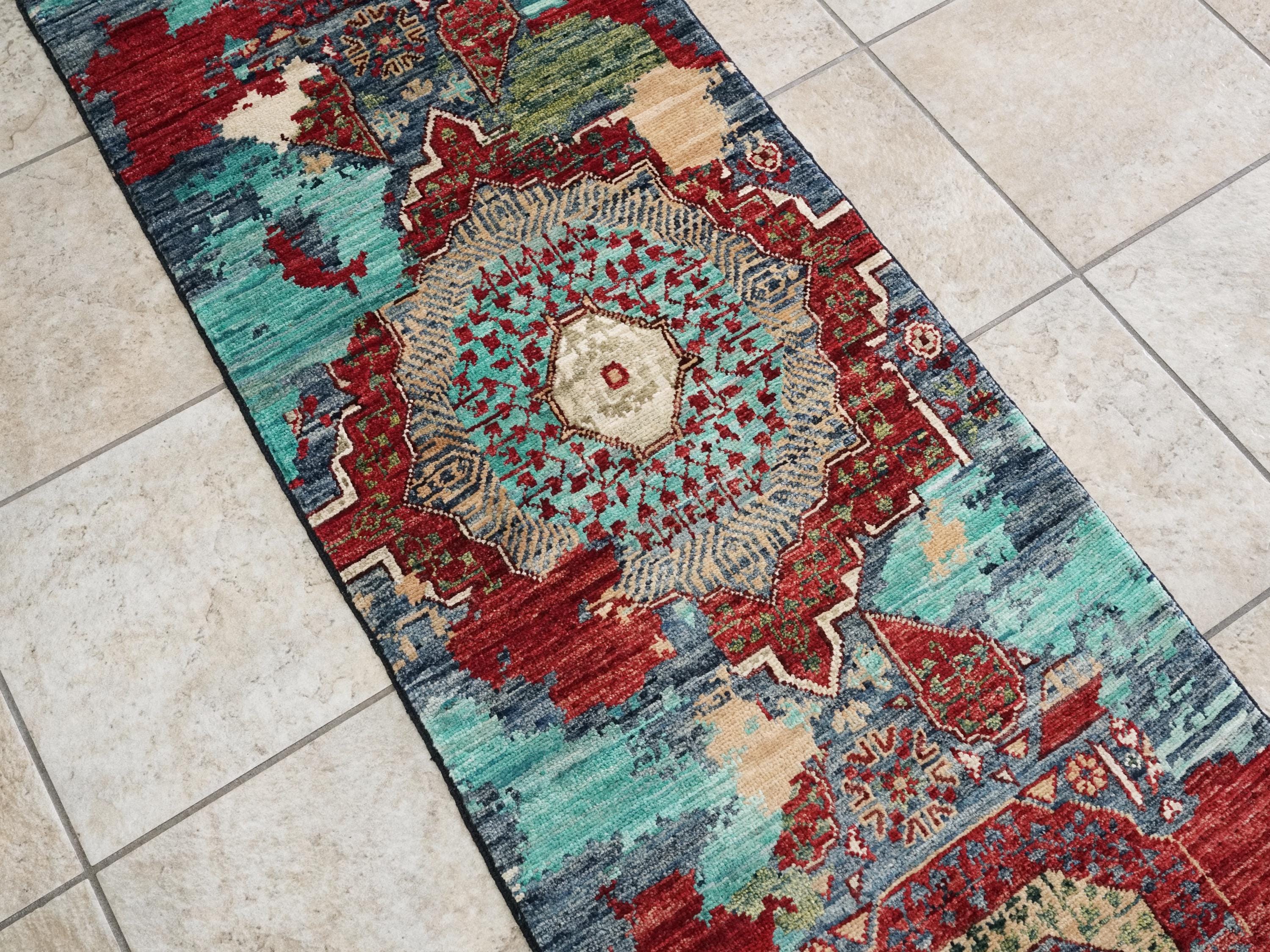 2x5 Ft Blue Afghan Mamluk Rug - Hand Knotted Ghazni Wool Hallway Runner