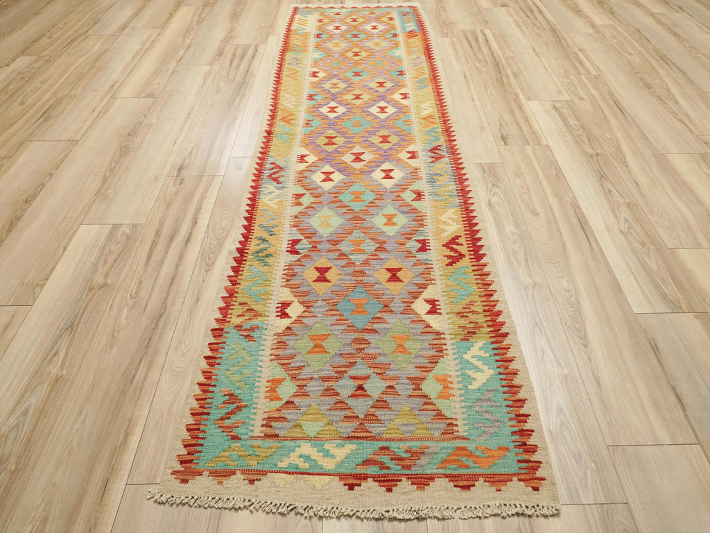 10 Ft  Red Kilim Runner Rug - Flat Weave - Traditional Afghan Design