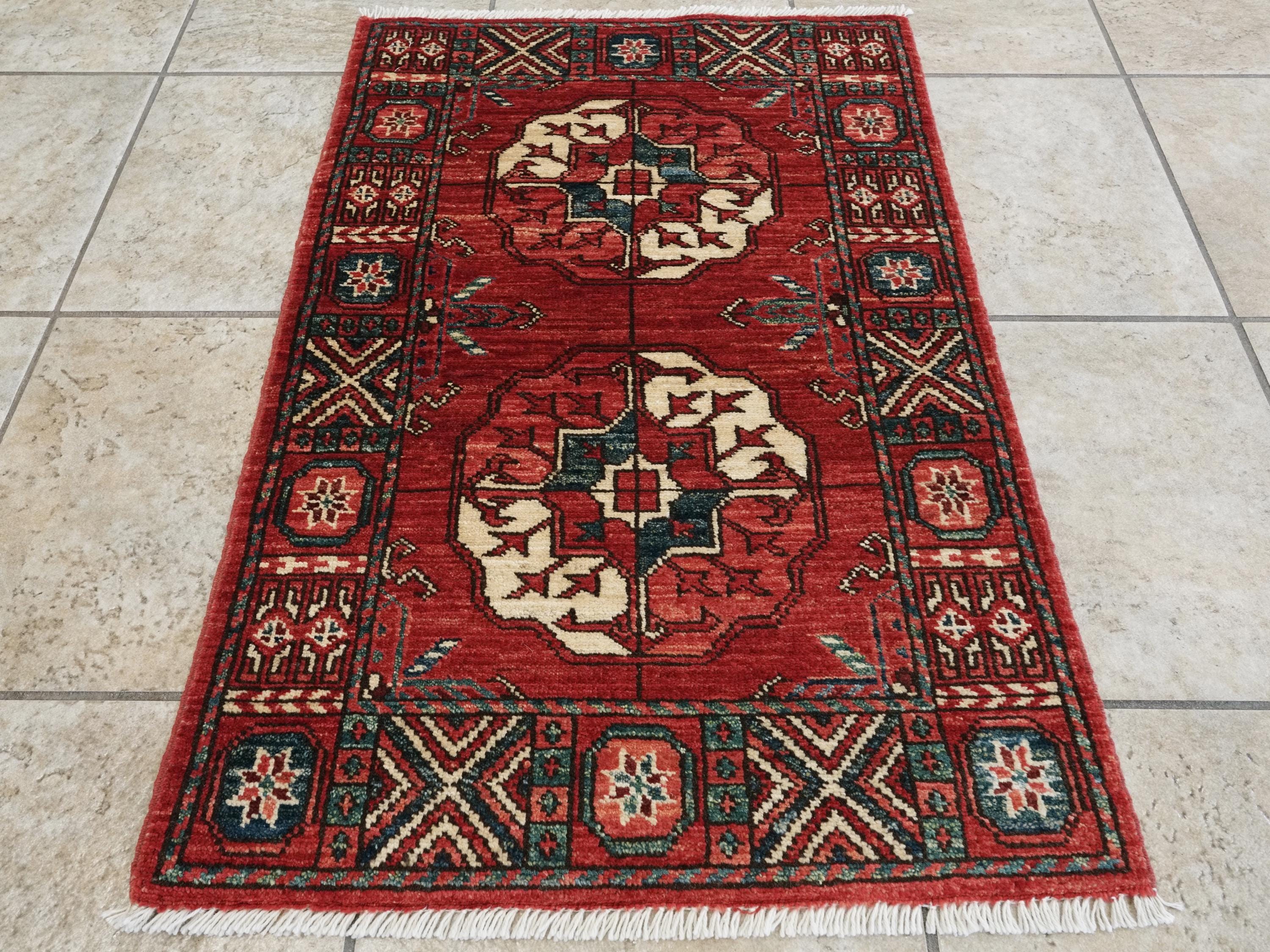 2x3 Ft Red Ersari Rug - Hand-Knotted Turkmen Wool Accent Rug