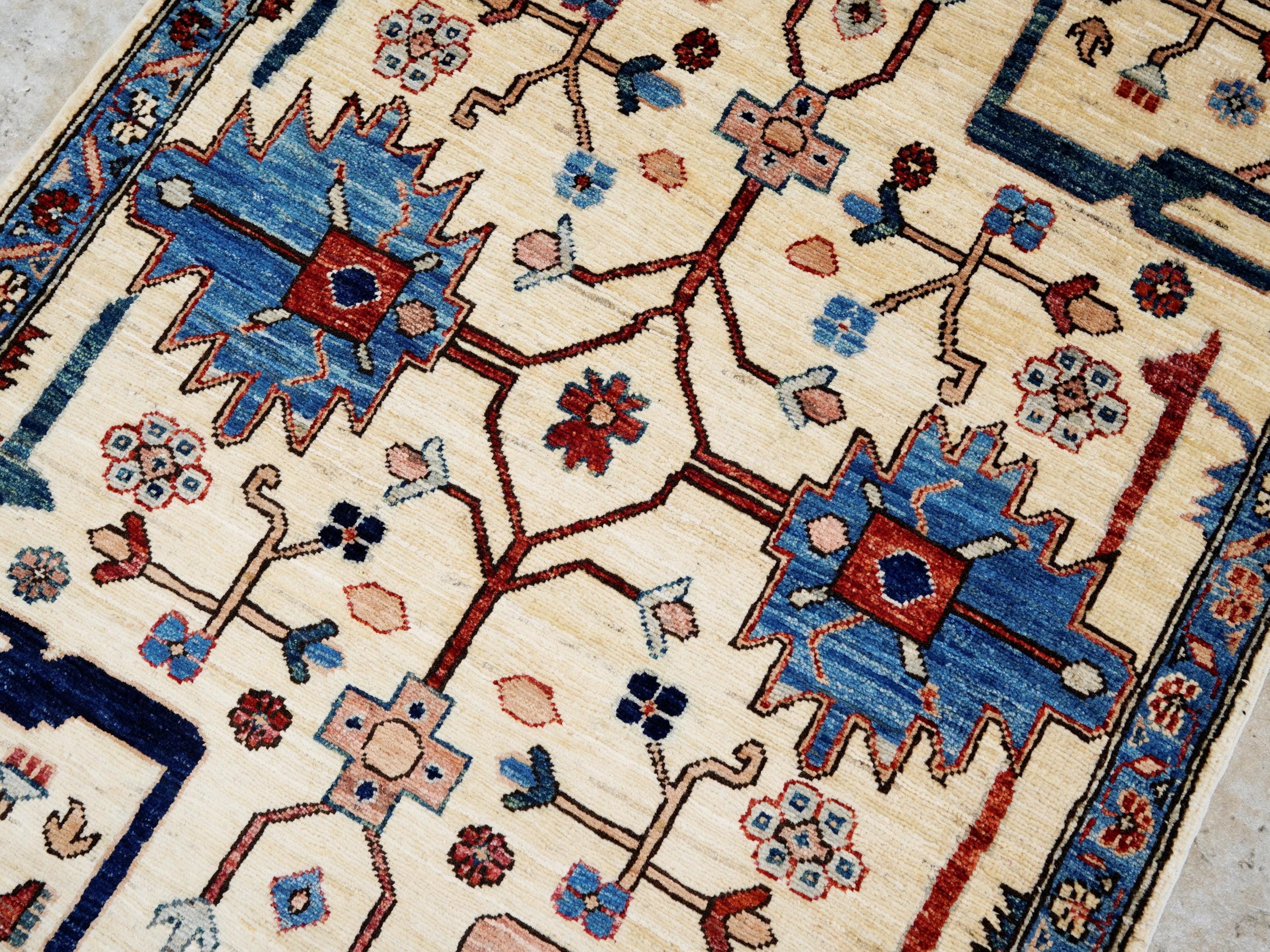 3x5 Ft Beige & Blue Heriz Rug - Handmade Afghan Rug