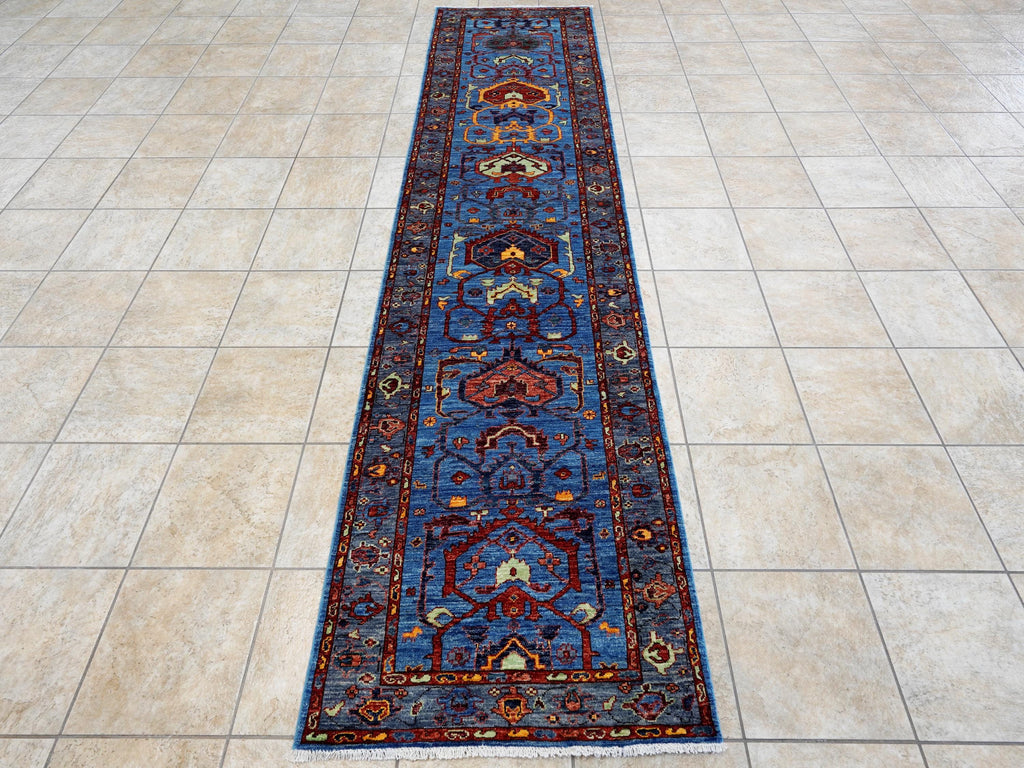 11 Ft Blue Heriz Runner Rug - Hand Knotted Hallway Rug - Persian Design