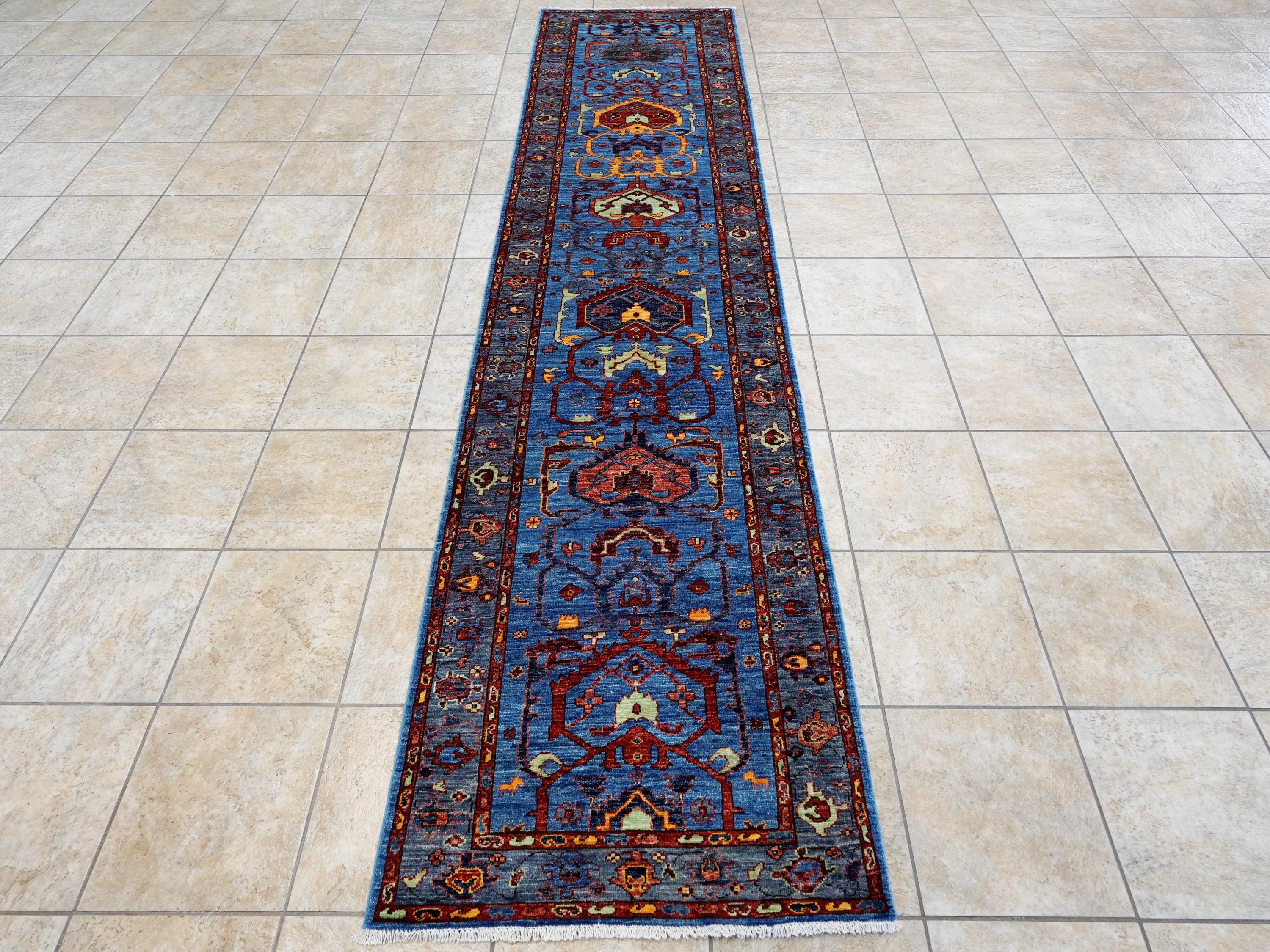 11 Ft Blue Heriz Runner Rug - Hand Knotted Hallway Rug - Persian Design