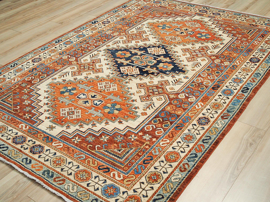 6x9 Ft Orange Heriz Rug - Hand Knotted Area Rug - Traditional Design