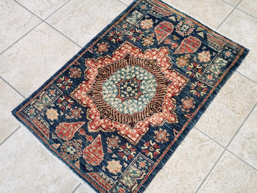 2x3 Ft Hand Knotted Dark Blue Mamluk Rug - Oriental Accent Rug