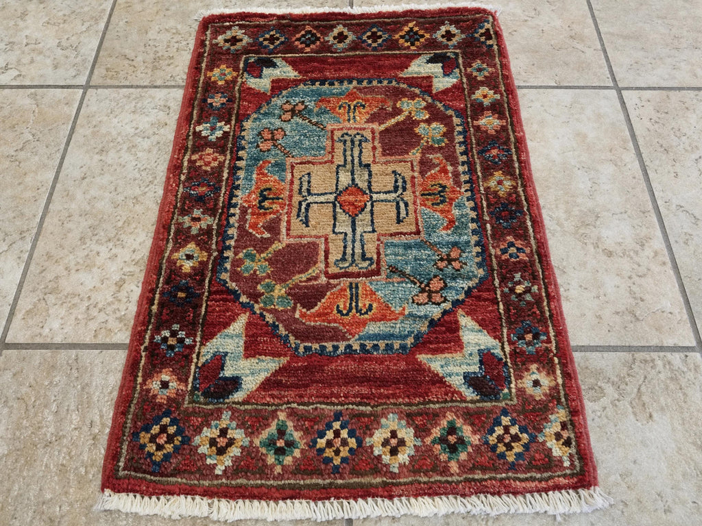 1x2 Ft Red Ersari Rug - Hand-Knotted Ghazni Wool Oriental Accent Rug