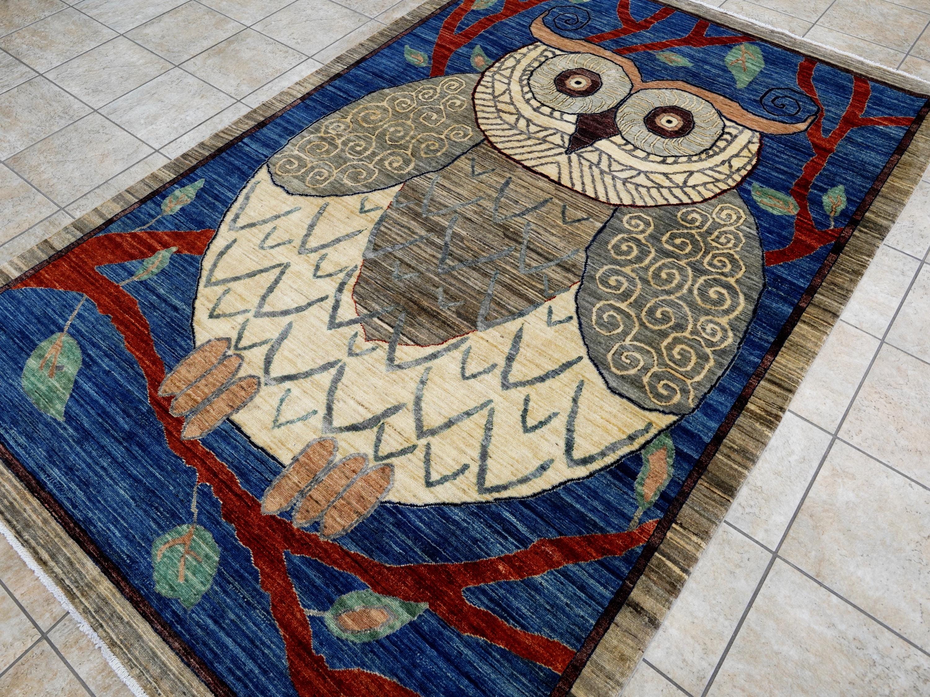6x9 Ft Owl Rug - Hand Knotted Wool Gabbeh Rug - Animal Design