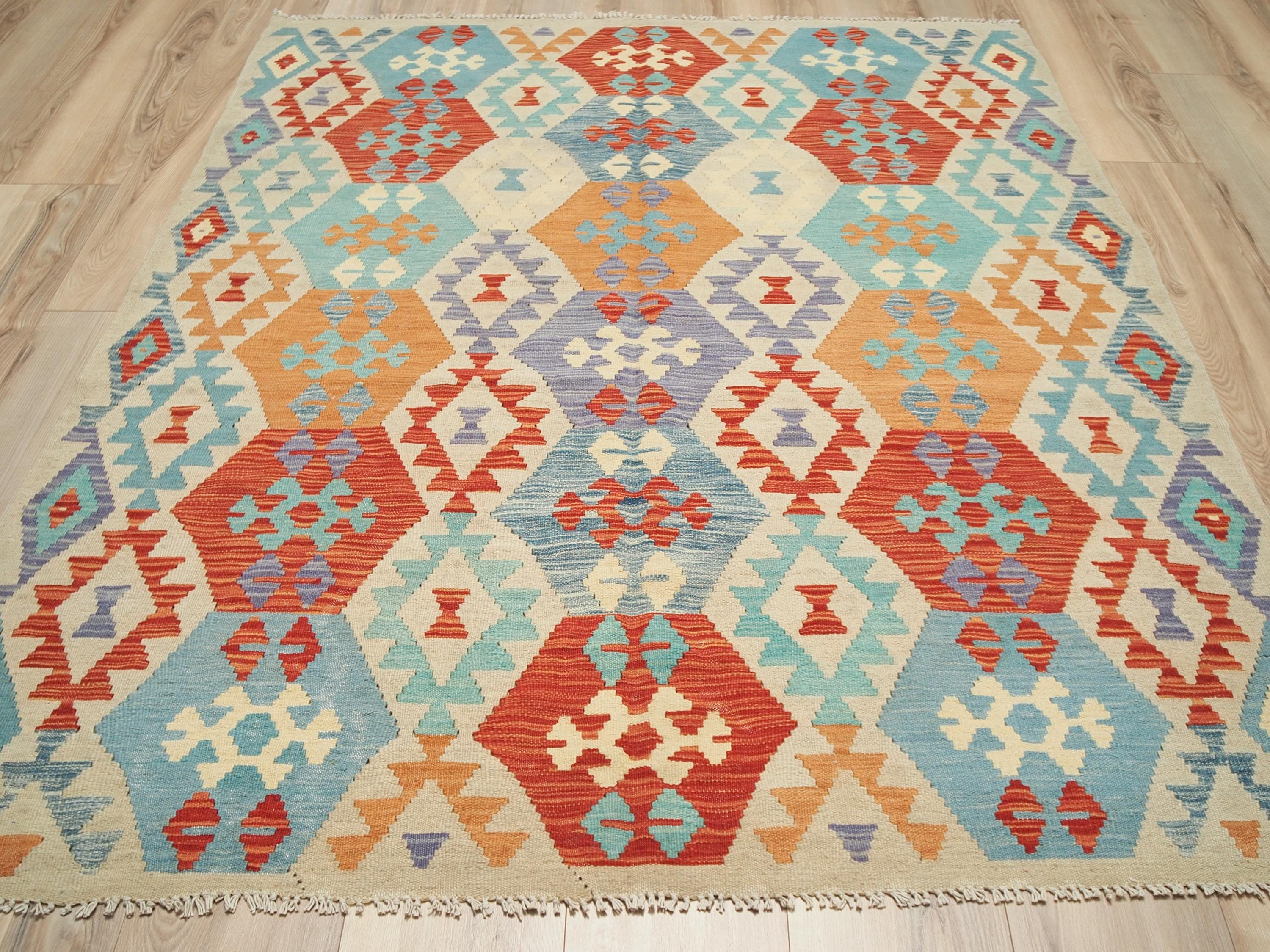 5x7 Ft Red & Blue Kilim Rug - Flat Weave Tribal Rug