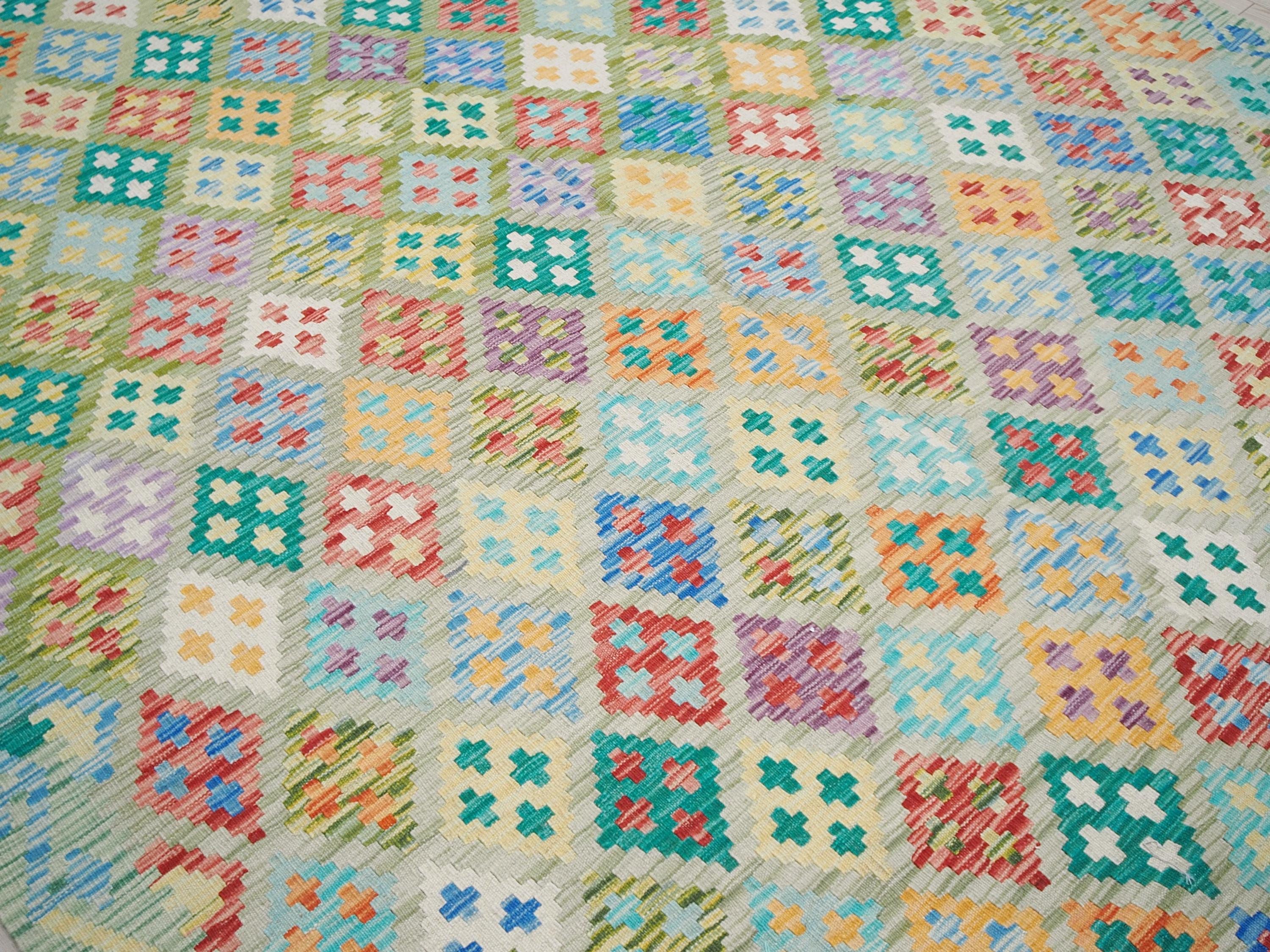 7x10 Ft Green Maimana Kilim Rug - Flat Weave Afghan Rug