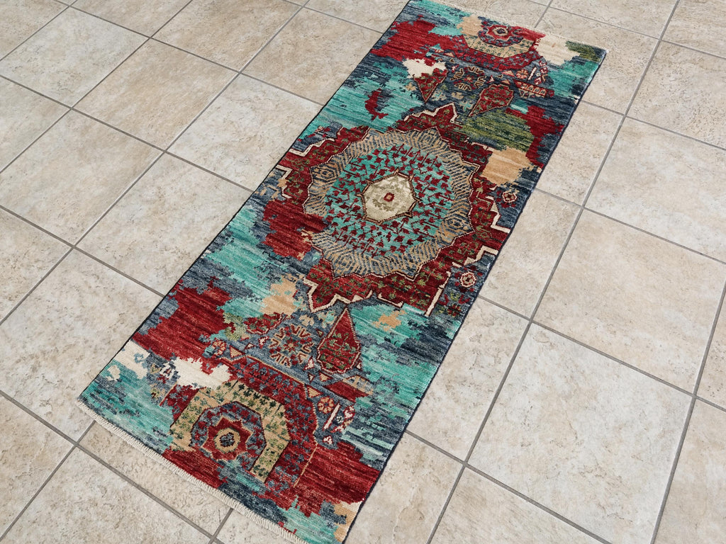 2x5 Ft Blue Afghan Mamluk Rug - Hand Knotted Ghazni Wool Hallway Runner