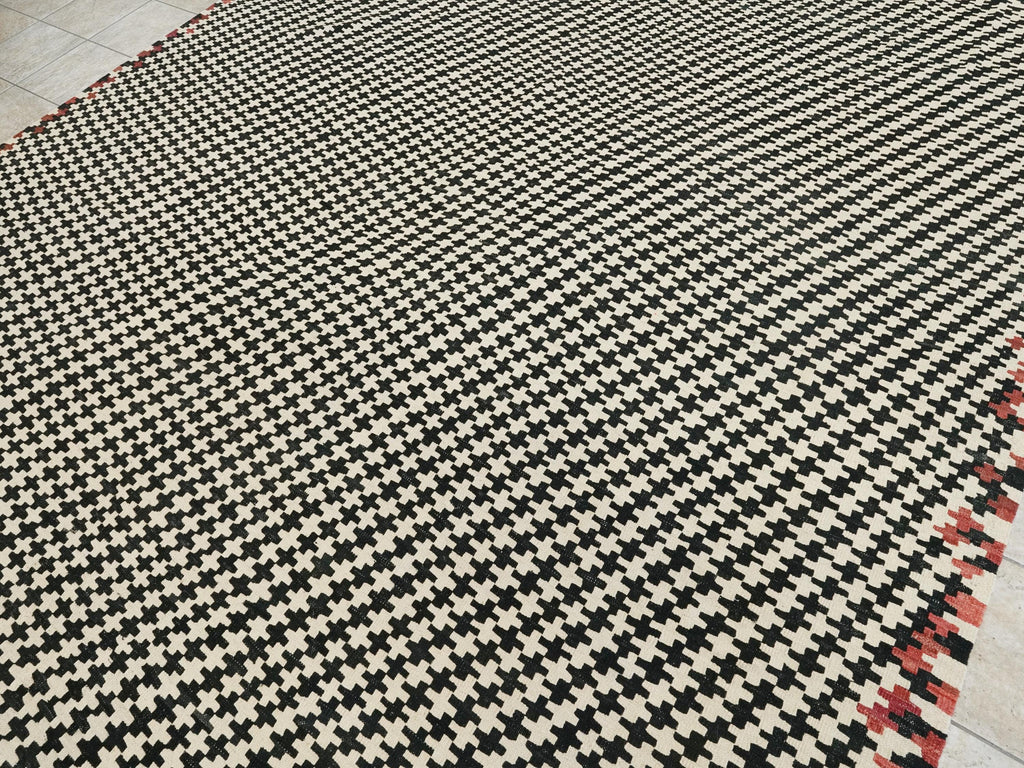 10x13 Ft Black & Beige Kilim Rug - Handmade Afghan Flatweave