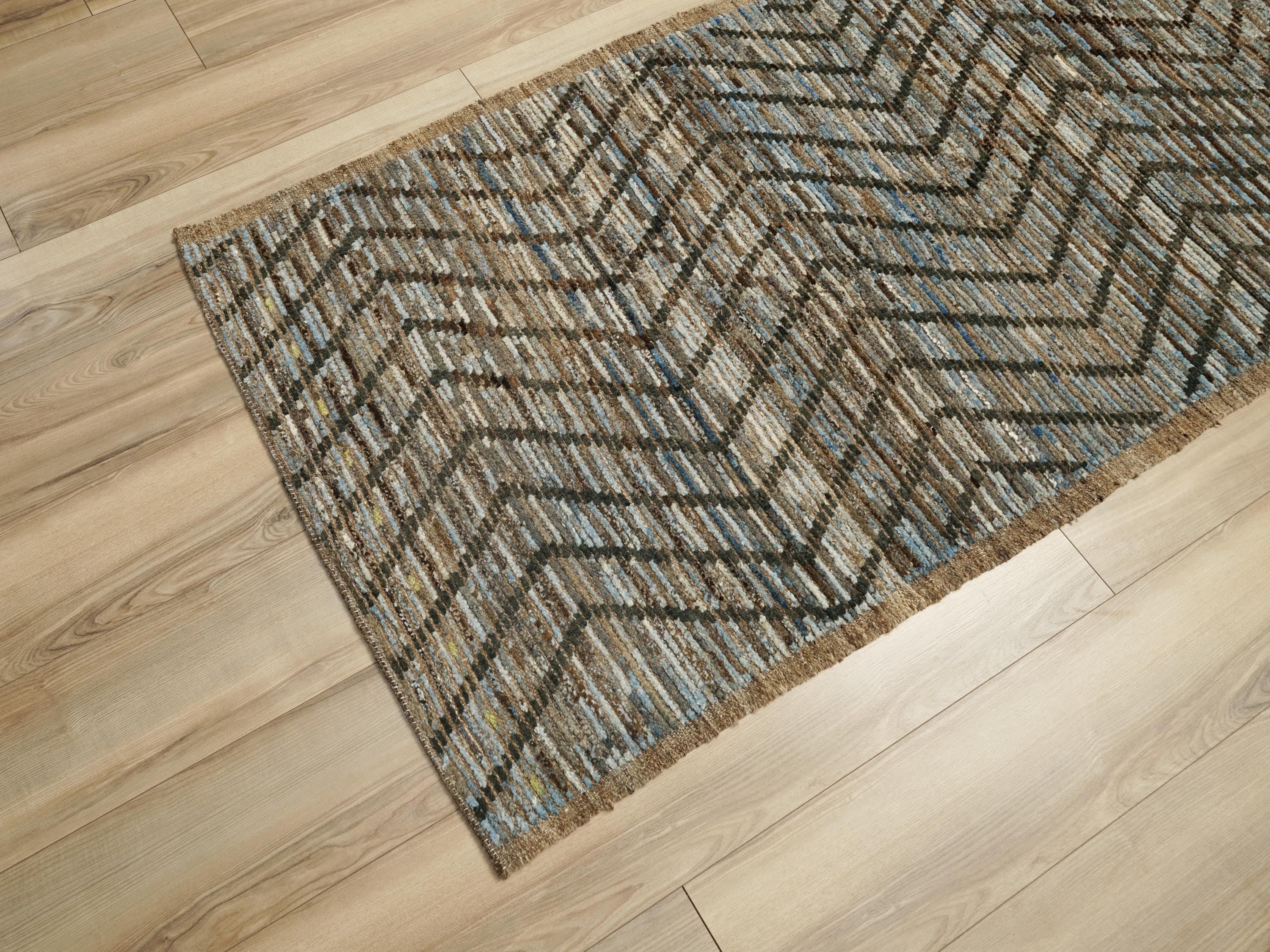 10 Ft Handmade Moroccan Runner Rug - Blue & Brown Afghan Rug