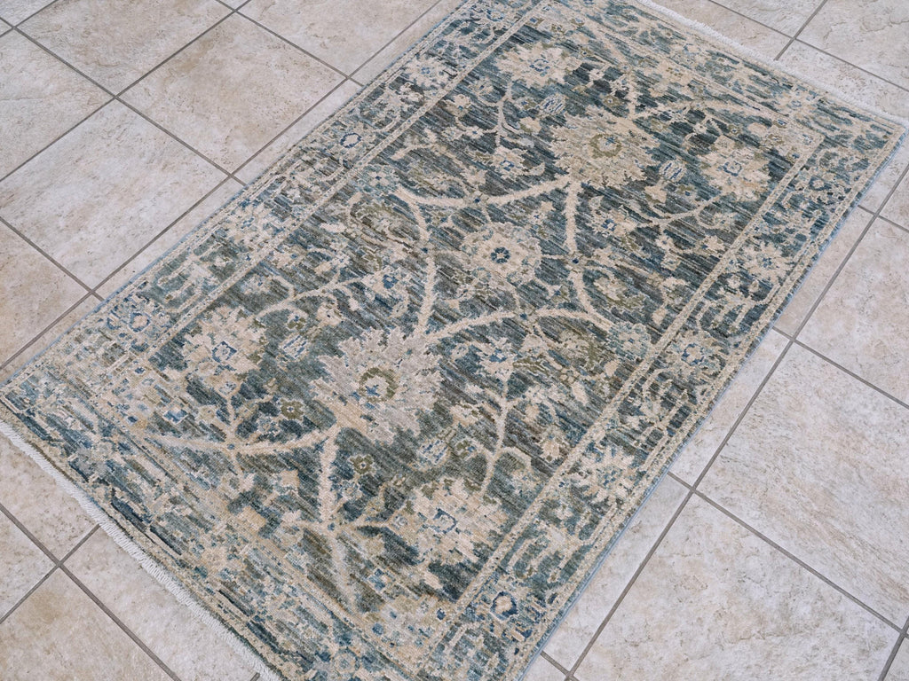 3x5 Ft Blue & Green Serapi Rug - Oriental Wool Rug - Floral Design