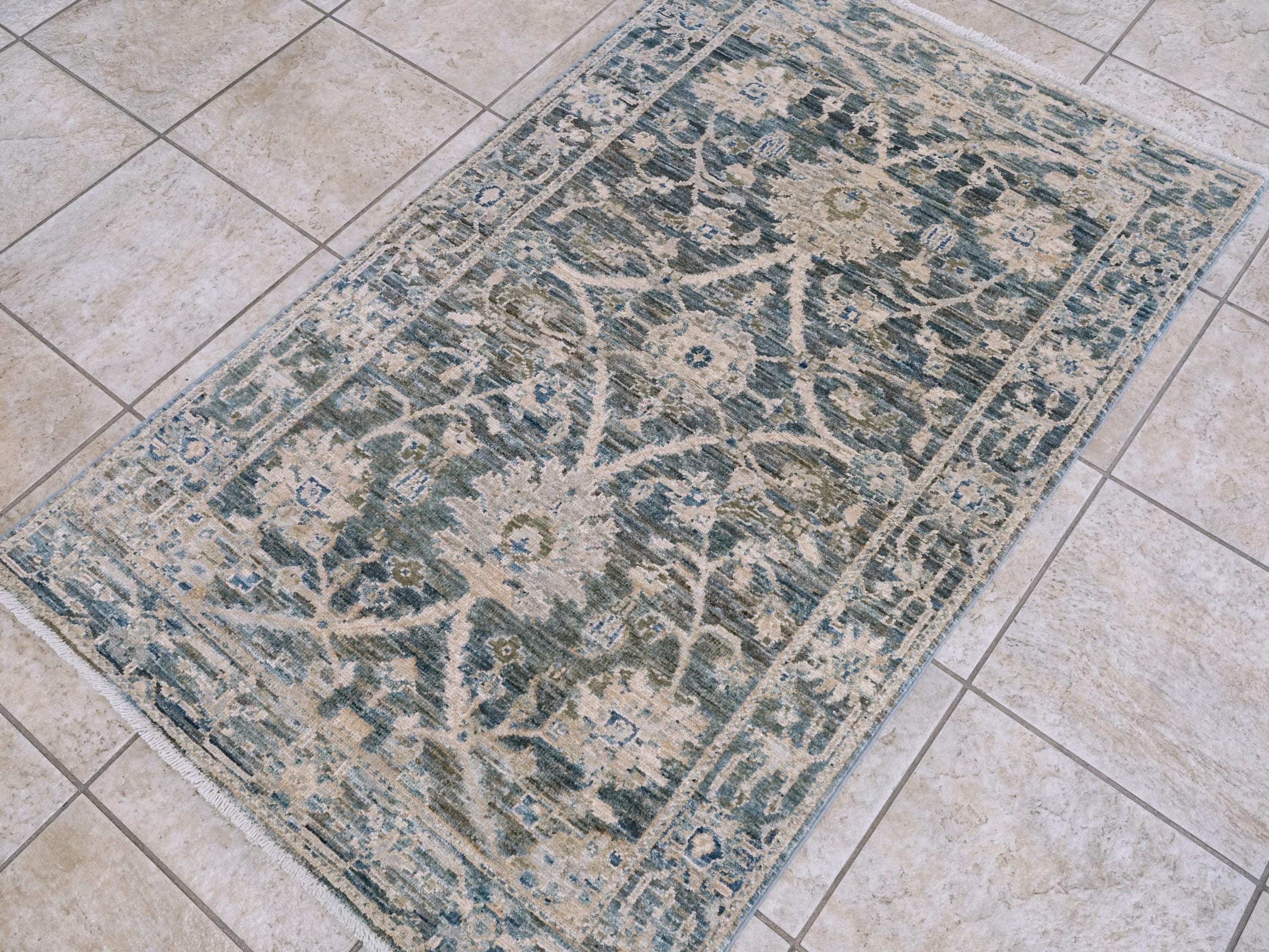 3x5 Ft Blue & Green Serapi Rug - Oriental Wool Rug - Floral Design