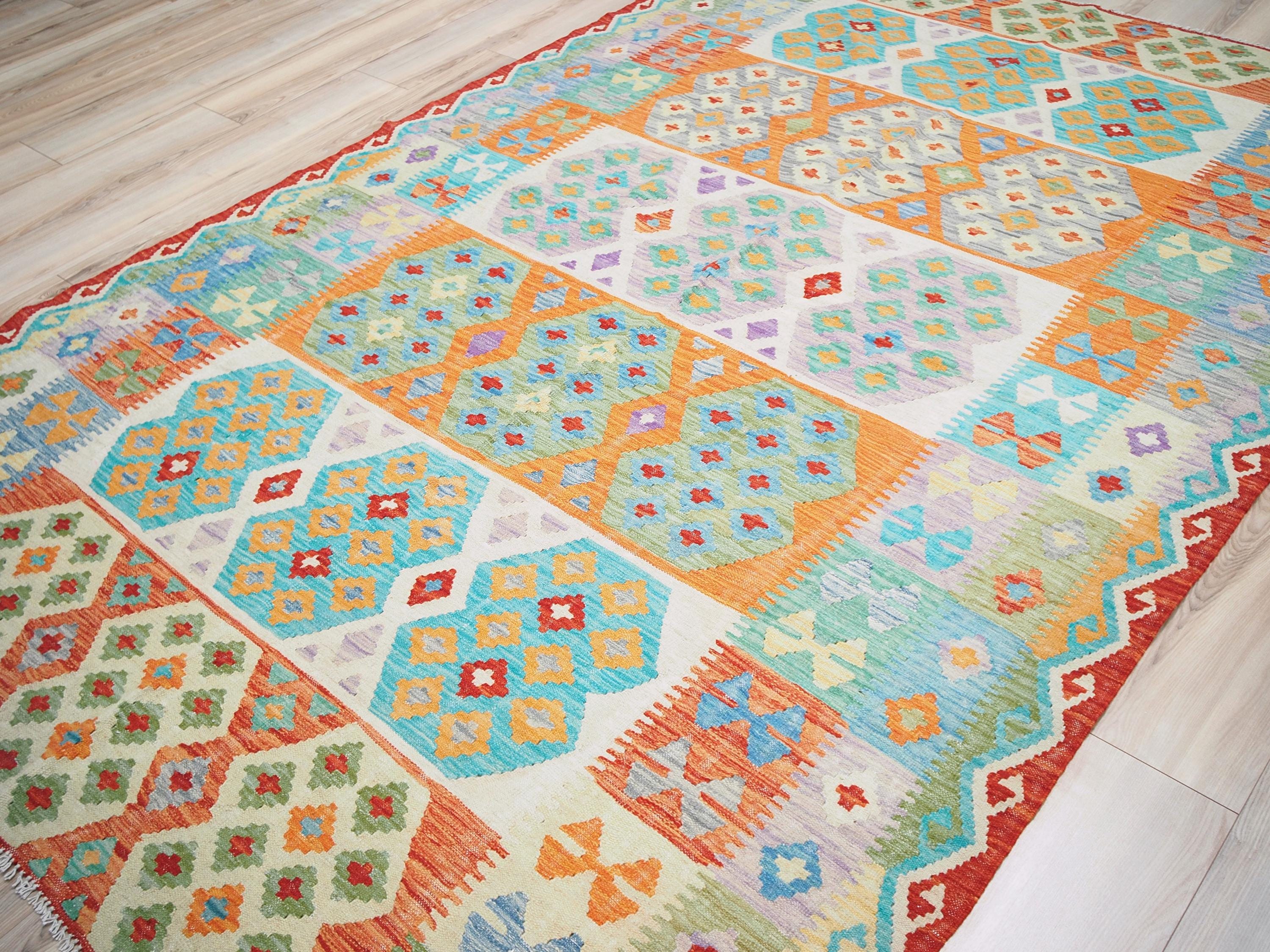 7x10 Ft Orange & Green Kilim Rug - Afghan Tribal Flat Weave