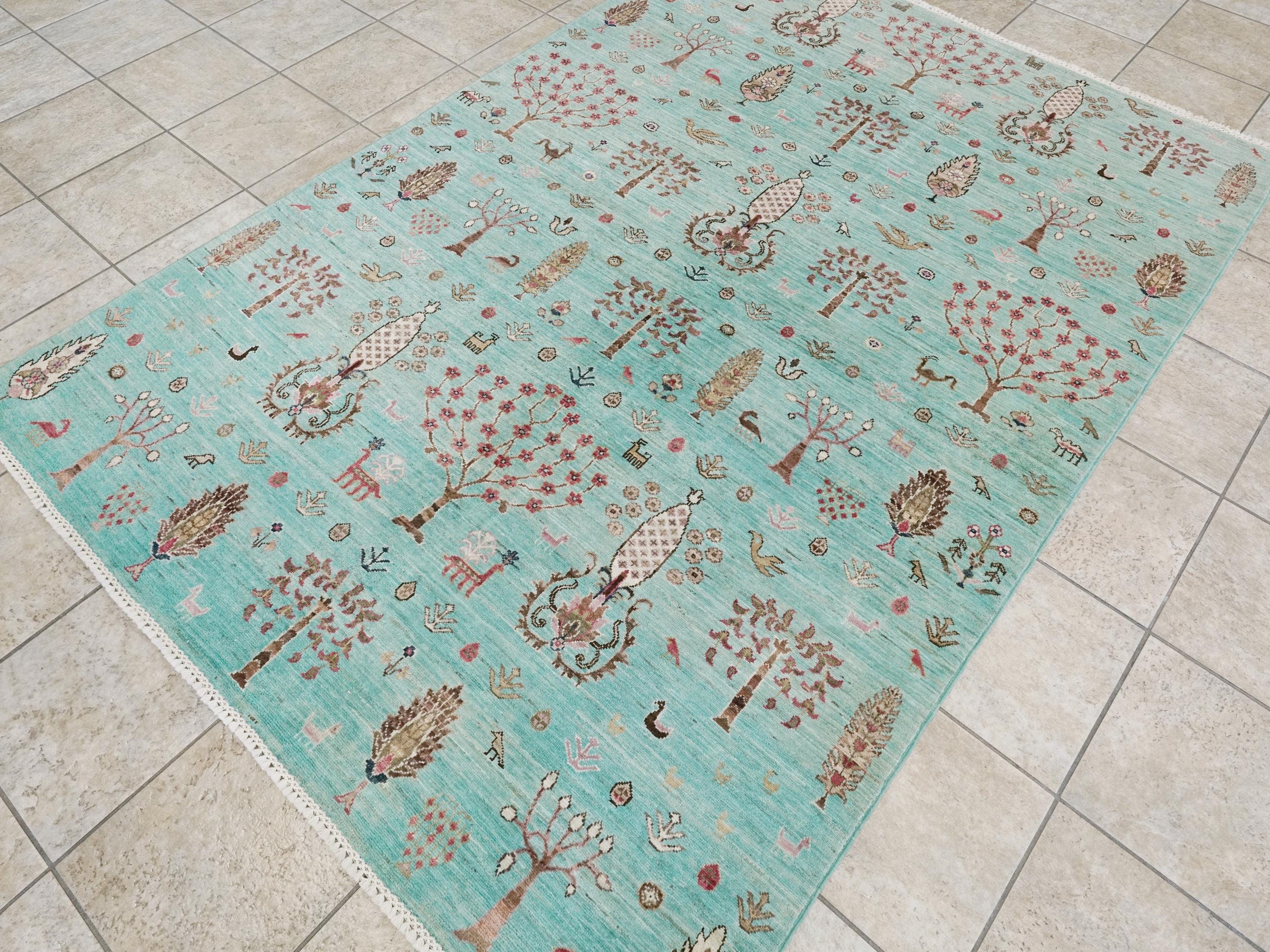 6x8 Ft Hand Knotted Cyan Serapi Rug - Ghazni Wool Persian Rug