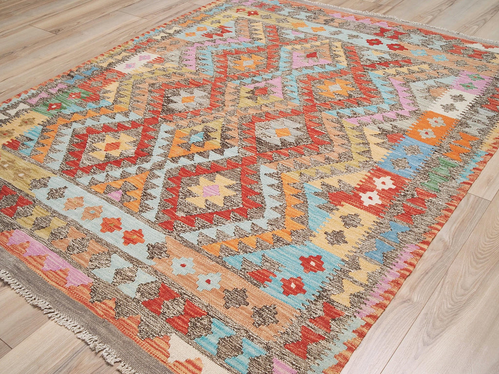5x6 Ft Orange Tribal Kilim Rug - Flat Weave Wool Rug