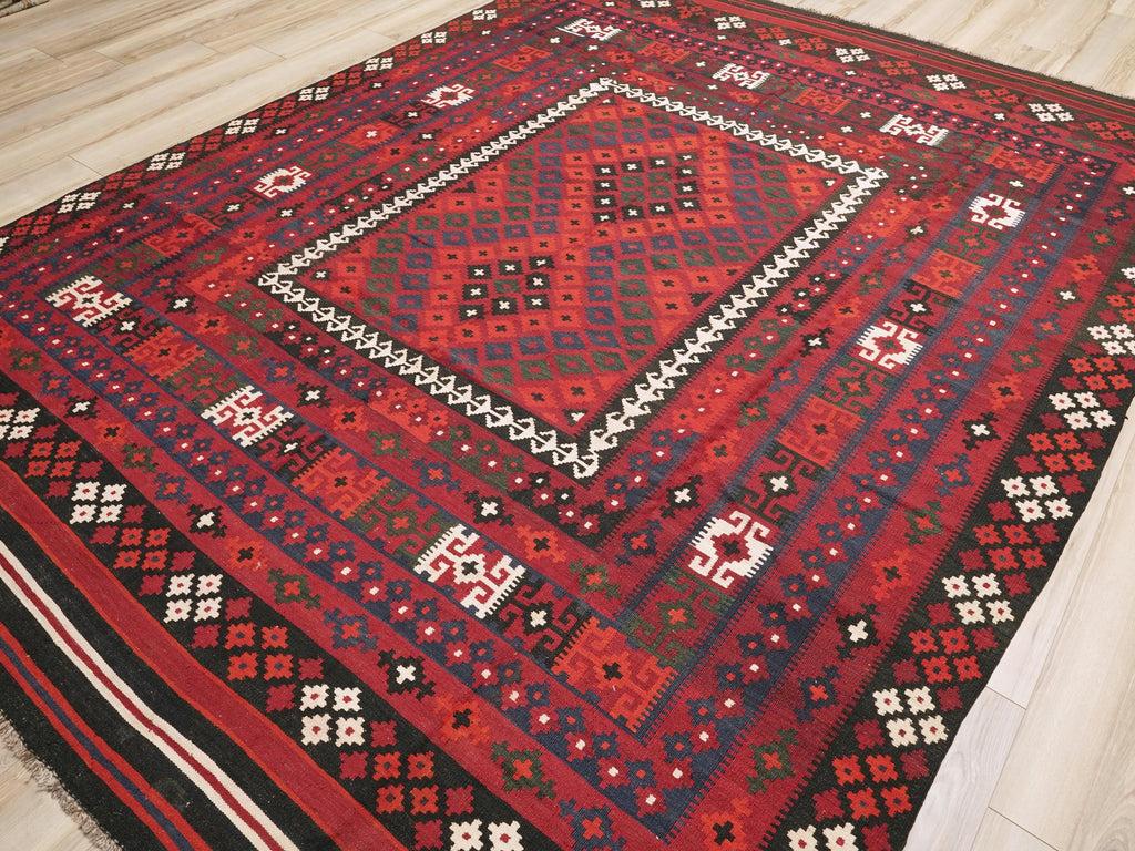 9x11 Ft Red Maimana Kilim Rug - Vintage Afghan Flat Weave