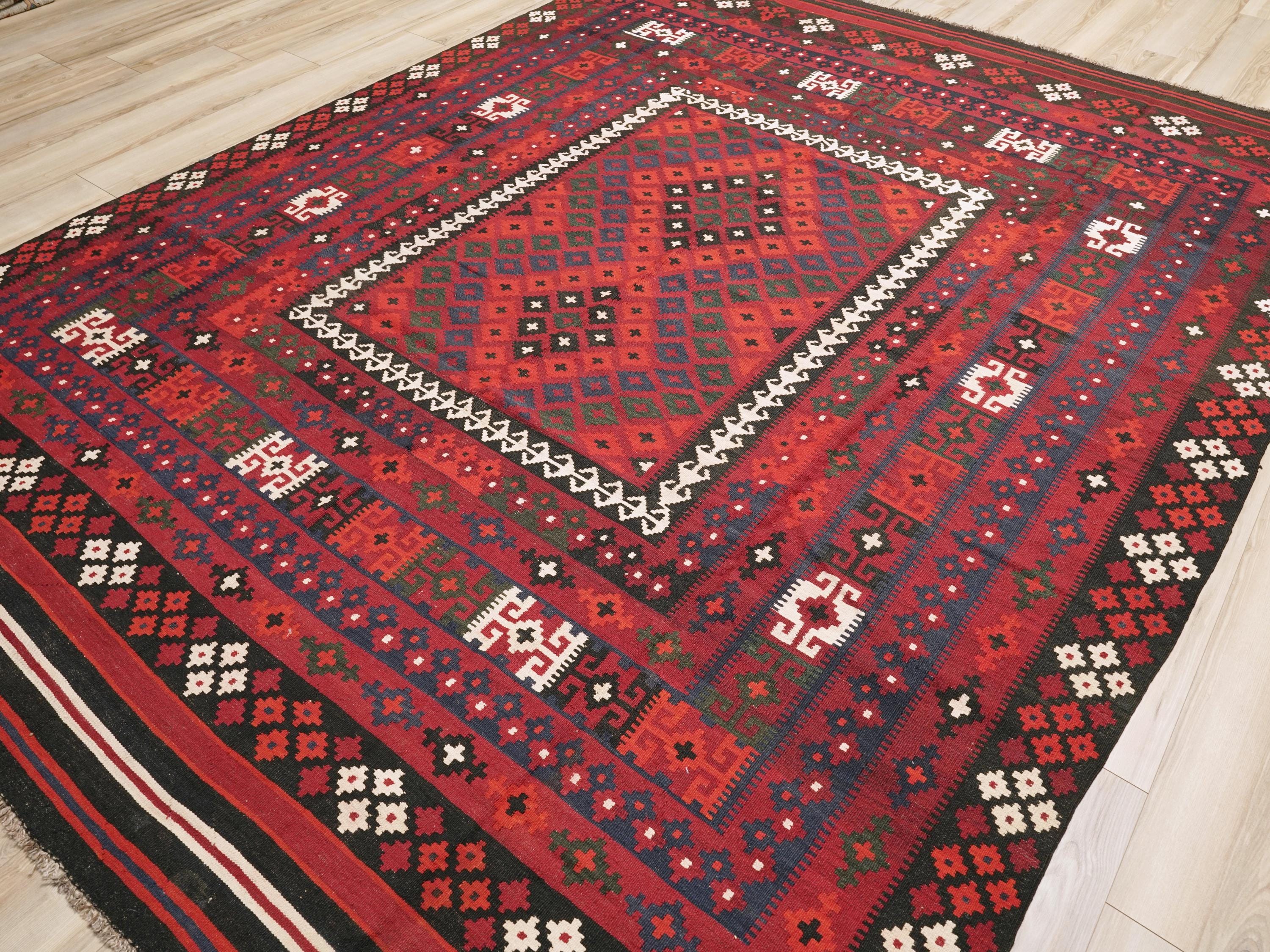 9x11 Ft Red Maimana Kilim Rug - Vintage Afghan Flat Weave