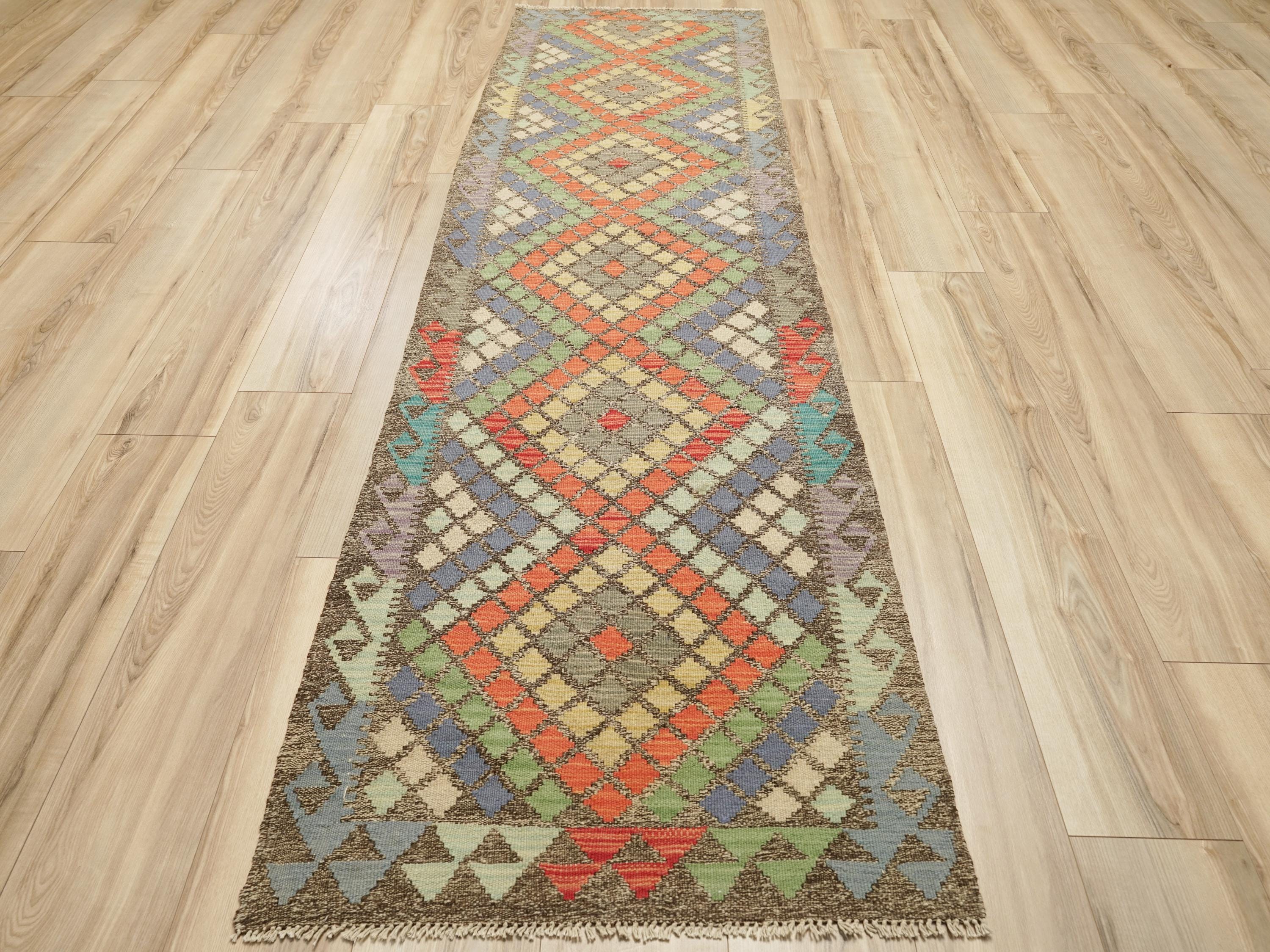 9 Ft Orange Kilim Runner Rug - Traditional Flat Weave