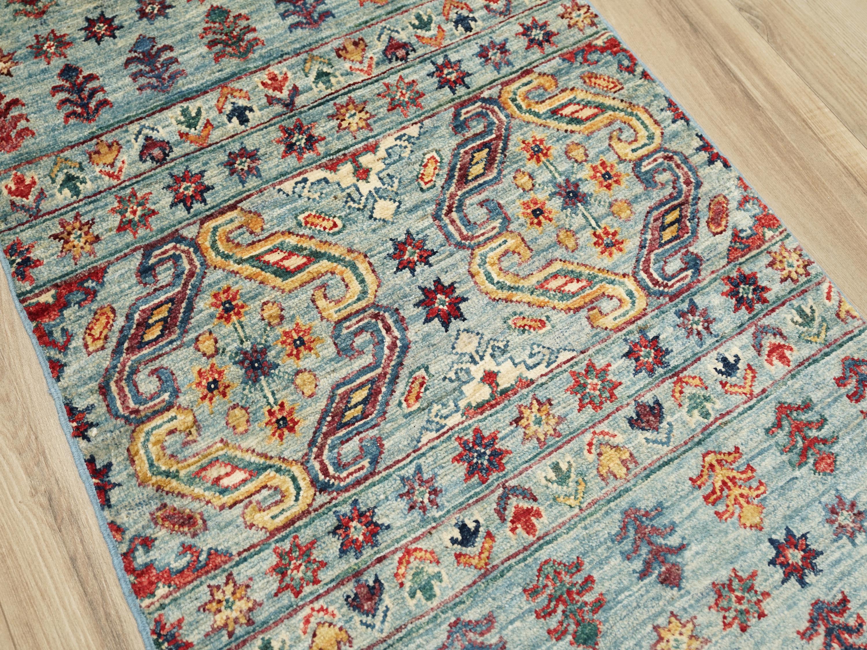 2x3 Ft Handmade Light Blue Khorjin Rug - Afghan Wool Rug