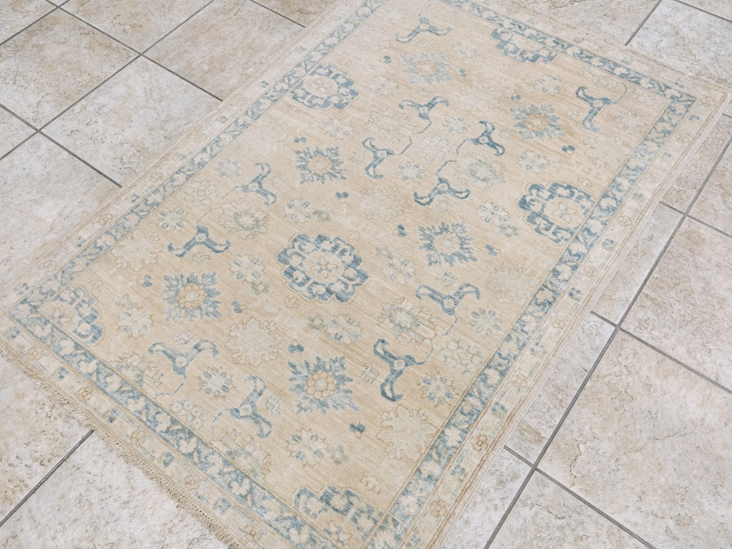 3x5 Ft Beige & Blue Serapi Rug - Oriental Wool Rug - Floral Design