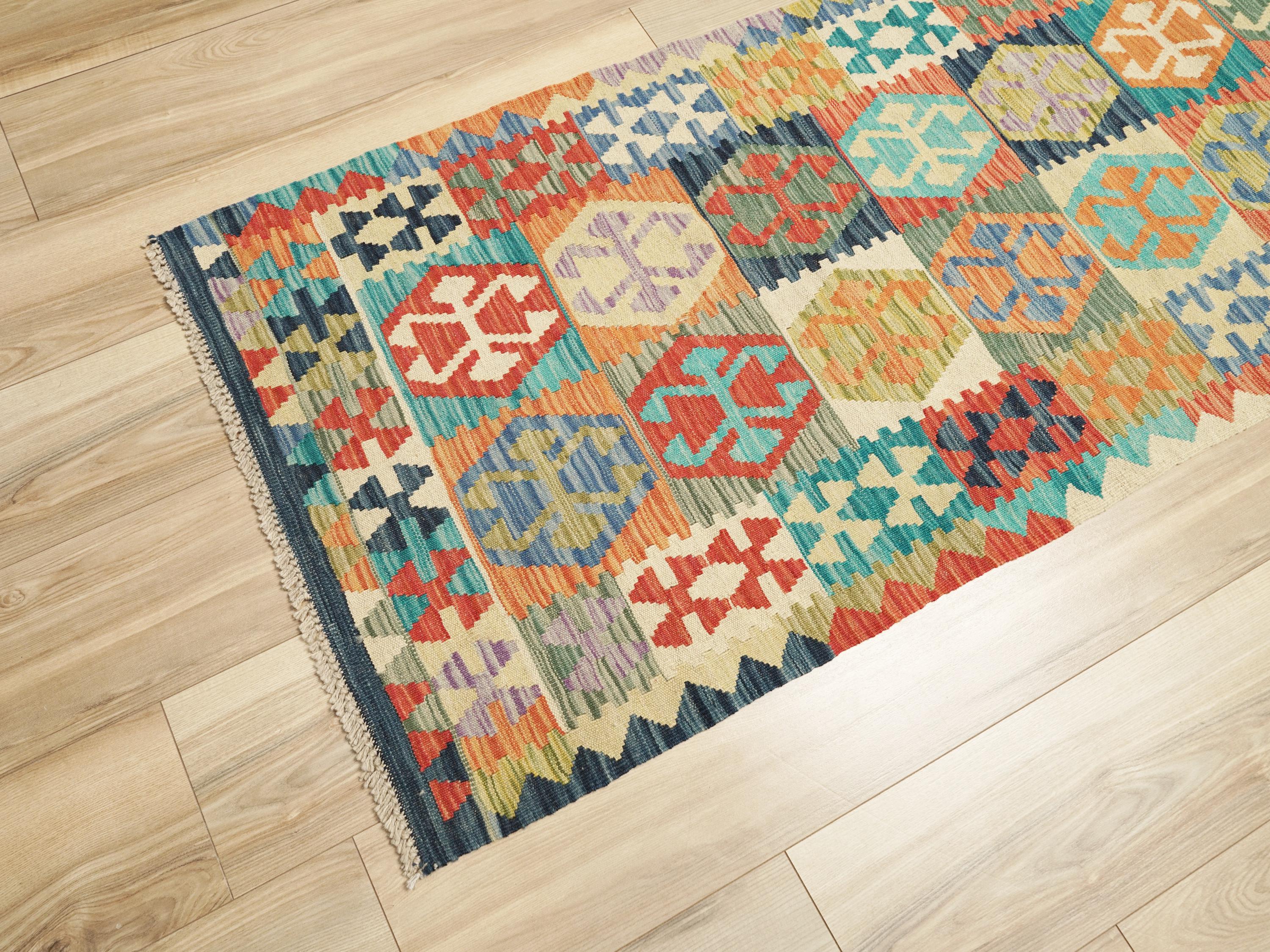 10 Ft Handwoven Wool Kilim Runner Rug - Traditional Afghan Hallway Rug