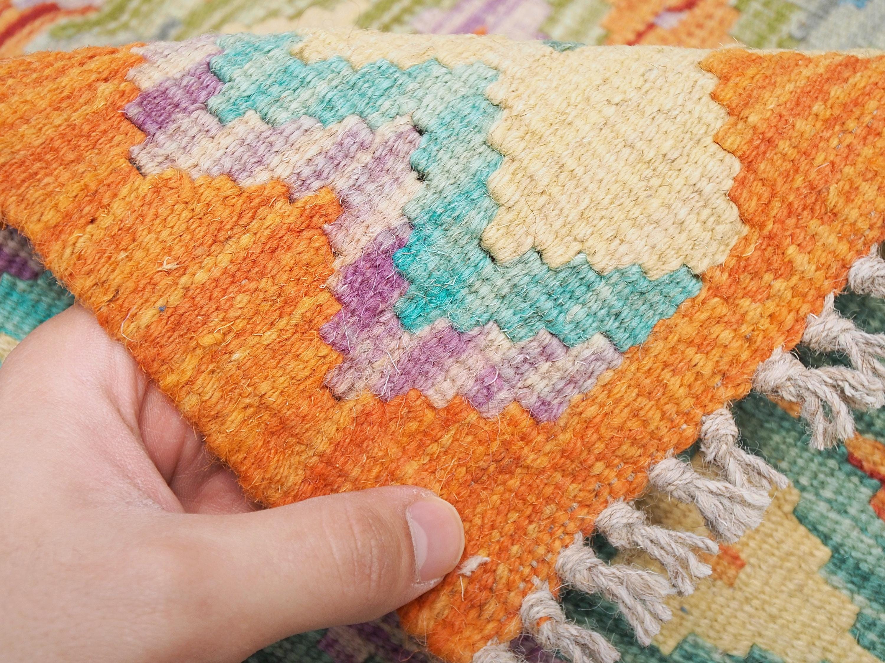 6x8 Ft Orange & Green Kilim Rug - Geometric Flatweave