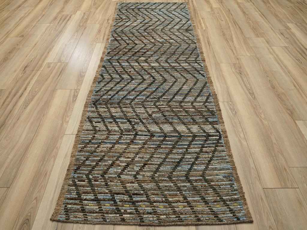 10 Ft Handmade Moroccan Runner Rug - Blue & Brown Afghan Rug
