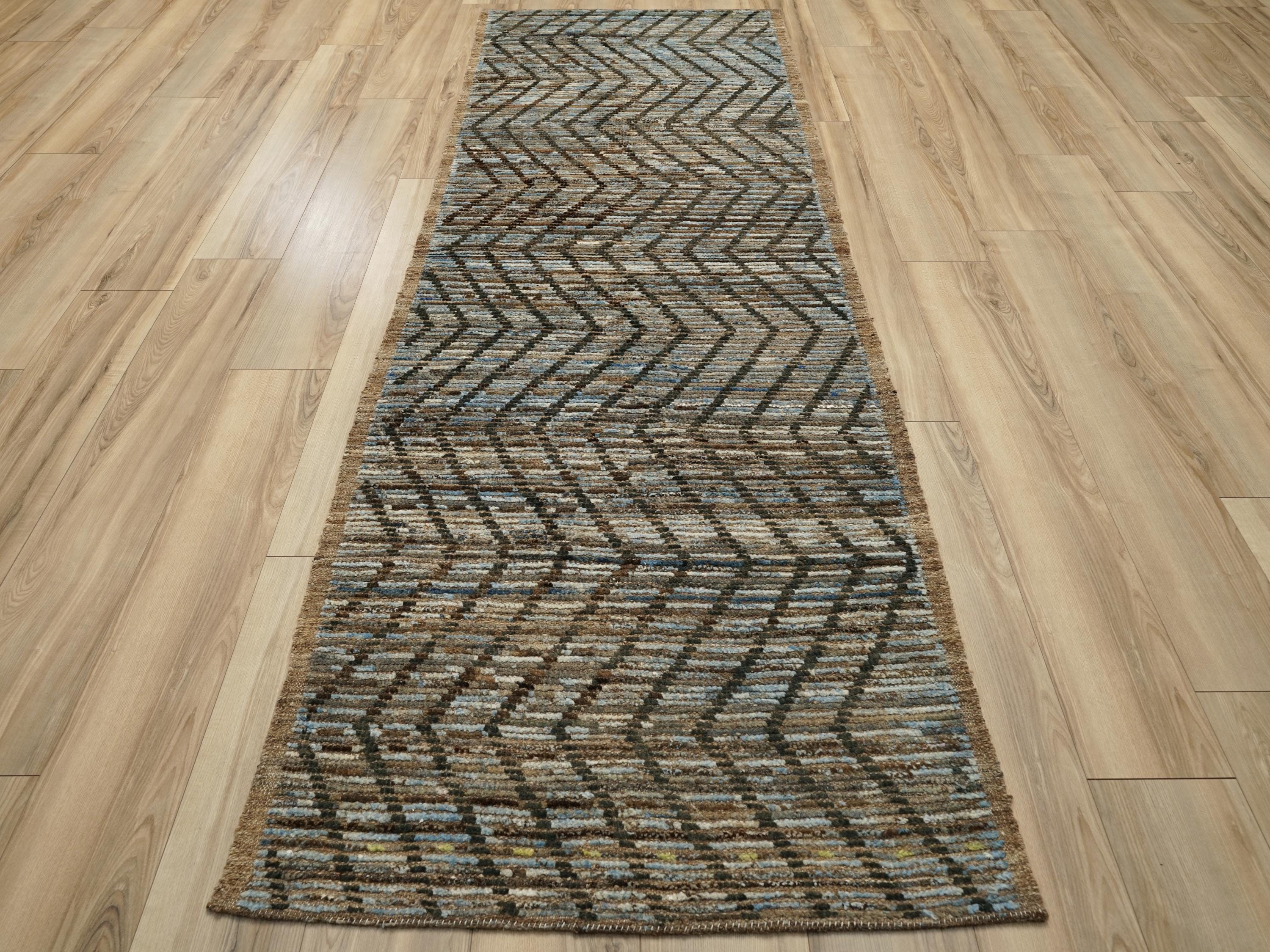 10 Ft Handmade Moroccan Runner Rug - Blue & Brown Afghan Rug
