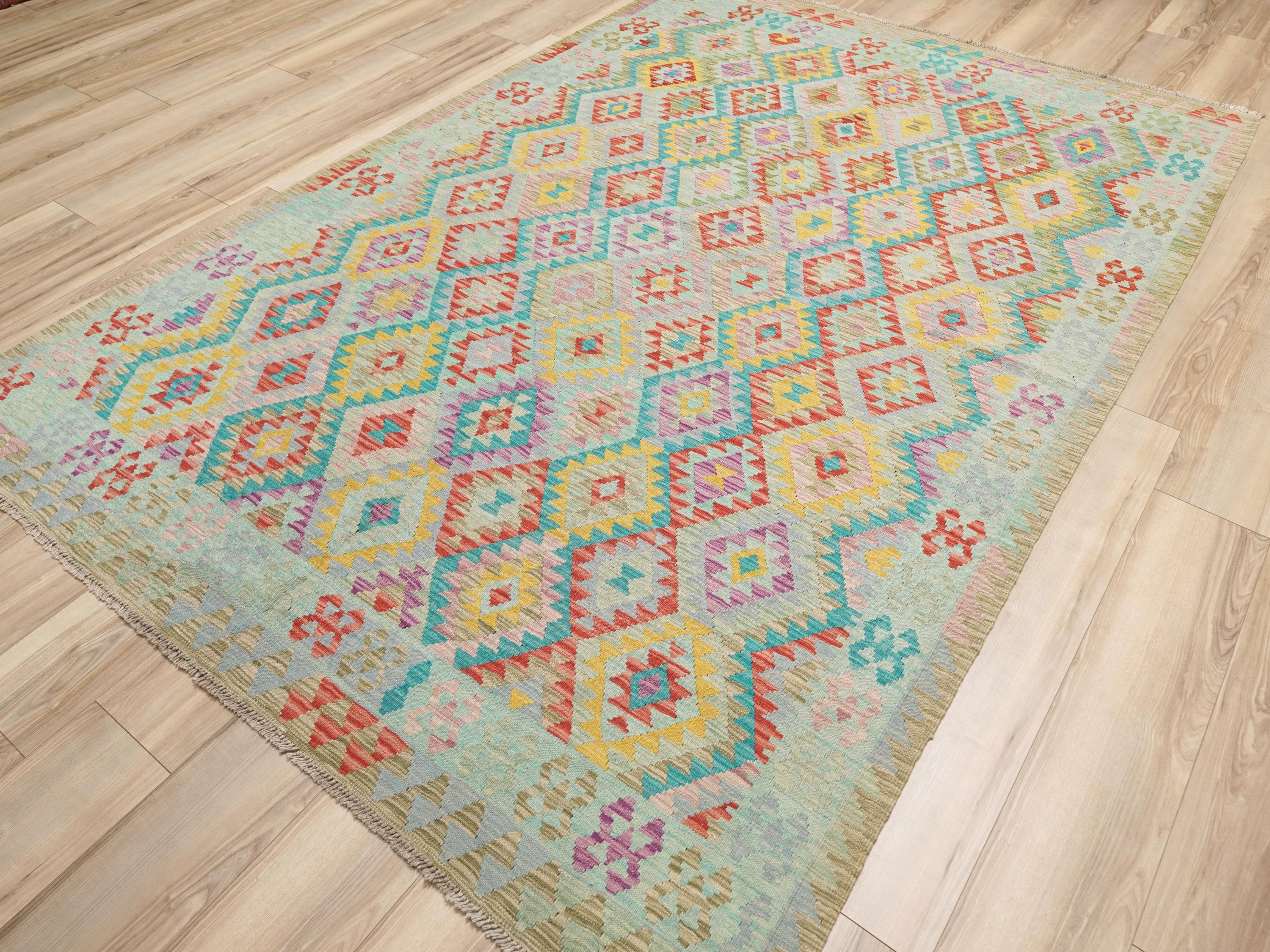 7x10 Ft Green Kilim Rug - Flat Weave Afghan Tribal Rug