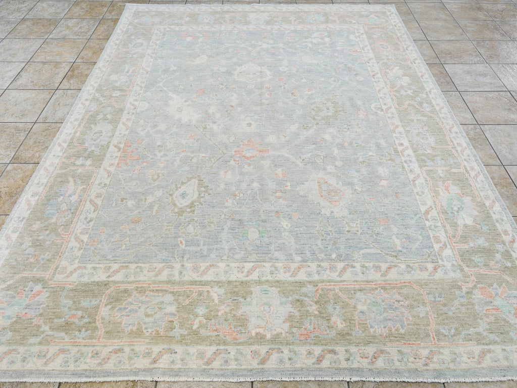 8x10 Ft Light Blue Oushak Rug - Hand Knotted Oriental Rug - Floral Design